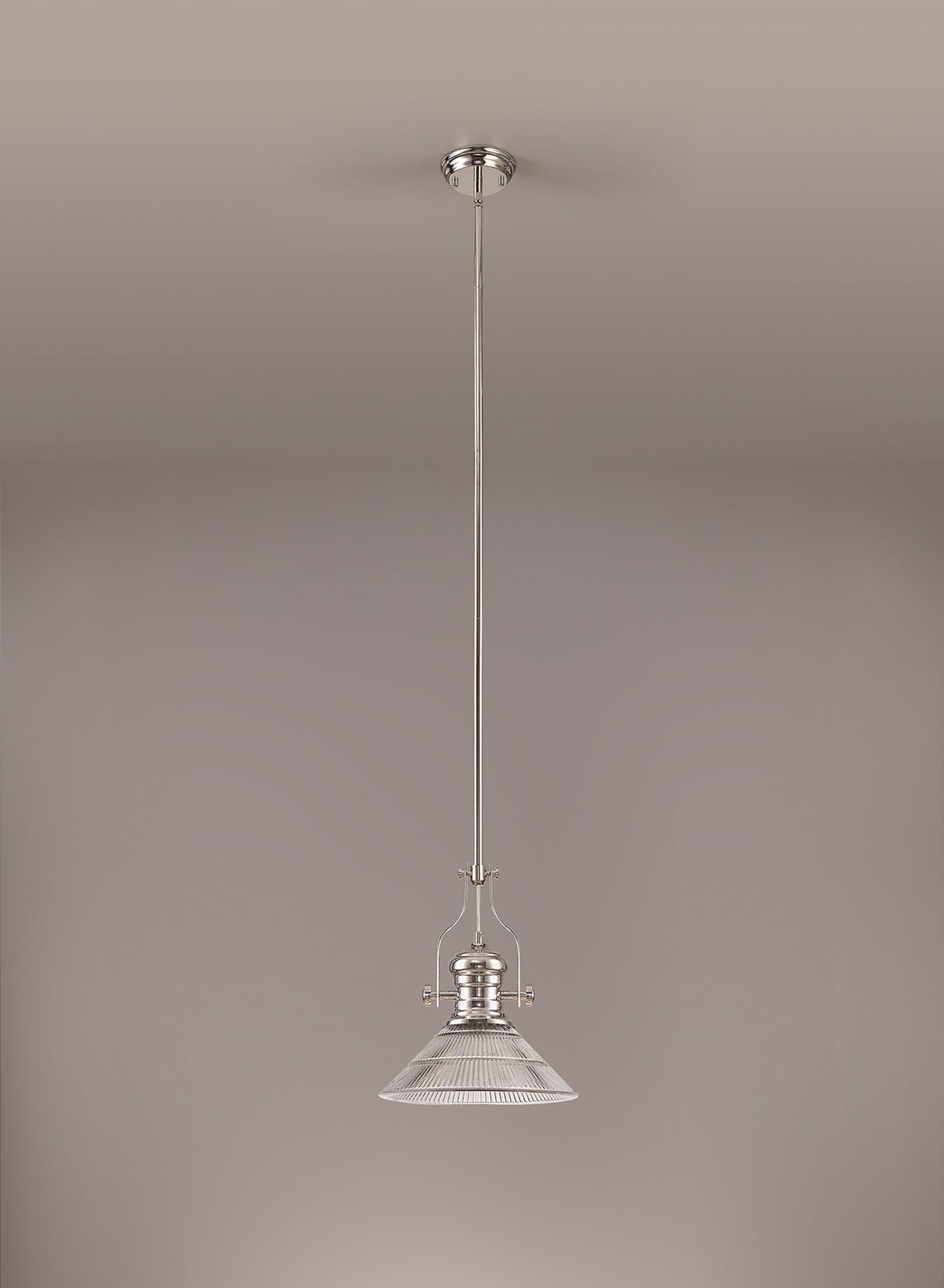 Munro 1 Light Pendant E27 With 30cm Cone Glass Shade, Polished Nickel/Clear