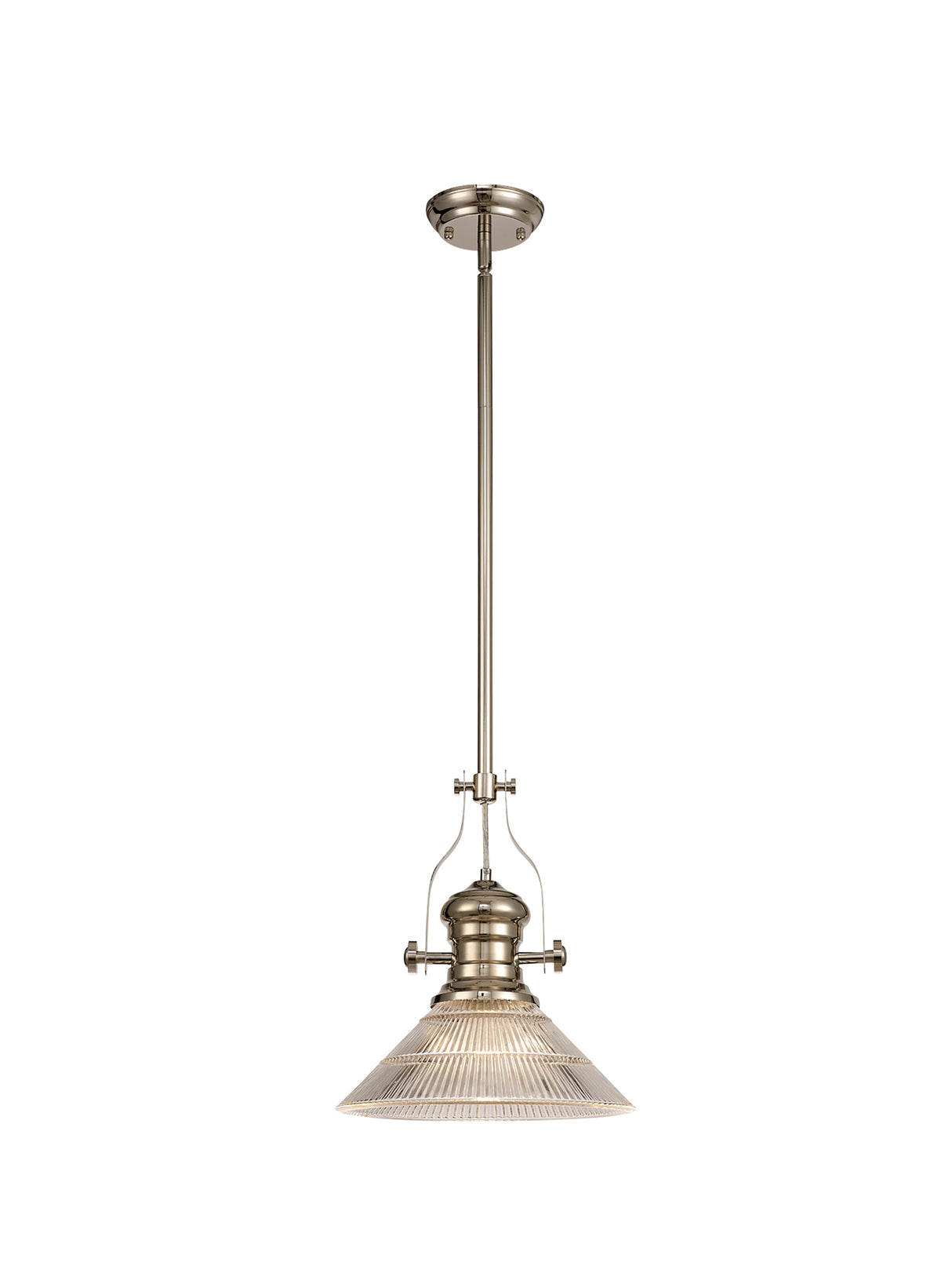 Munro 1 Light Pendant E27 With 30cm Cone Glass Shade, Polished Nickel/Clear
