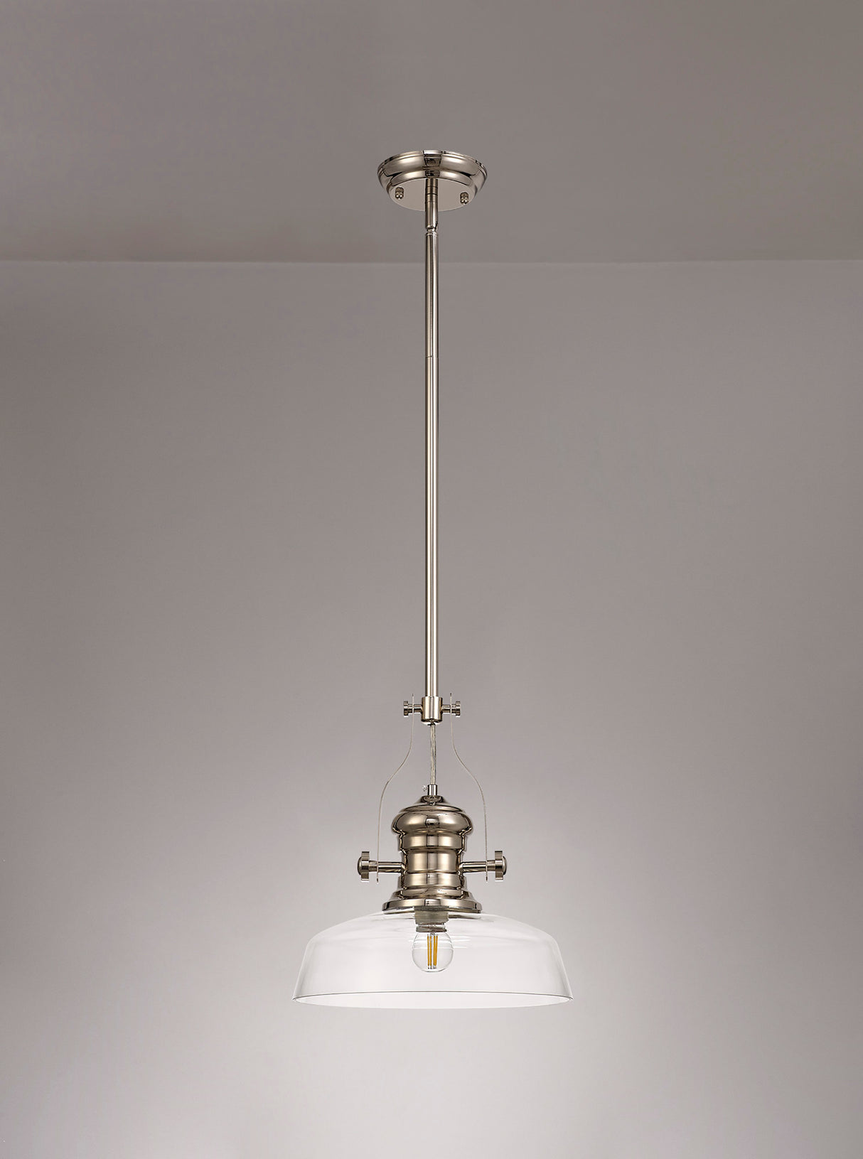 Munro 1 Light Pendant E27 With 30cm Flat Round Glass Shade, Polished Nickel/Clear
