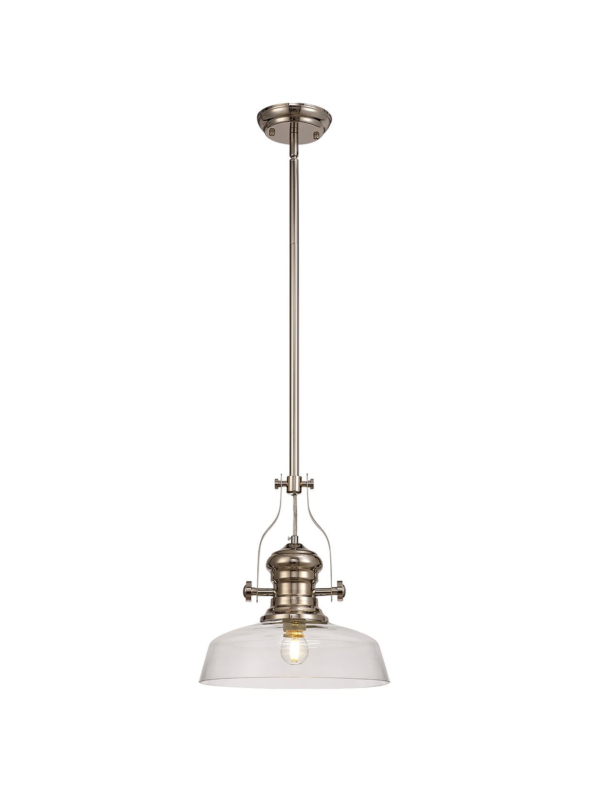 Munro 1 Light Pendant E27 With 30cm Flat Round Glass Shade, Polished Nickel/Clear