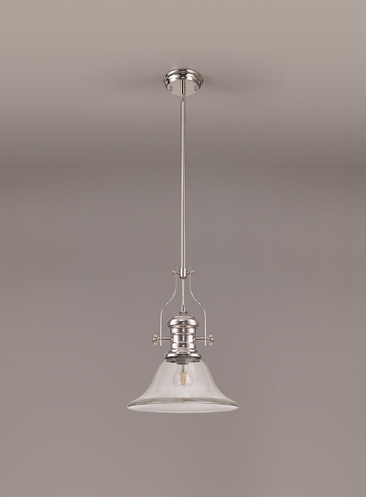 Munro 1 Light Pendant E27 With 30cm Smooth Bell Glass Shade, Polished Nickel/Clear