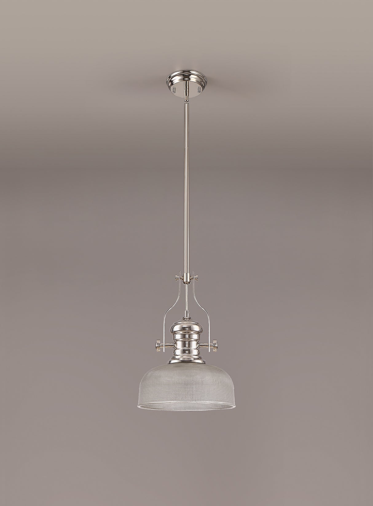 Munro 1 Light Pendant E27 With 26.5cm Prismatic Glass Shade, Polished Nickel/Clear