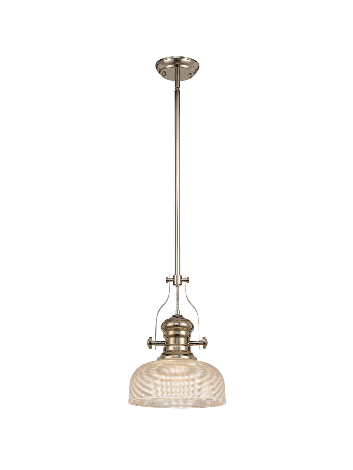 Munro 1 Light Pendant E27 With 26.5cm Prismatic Glass Shade, Polished Nickel/Clear