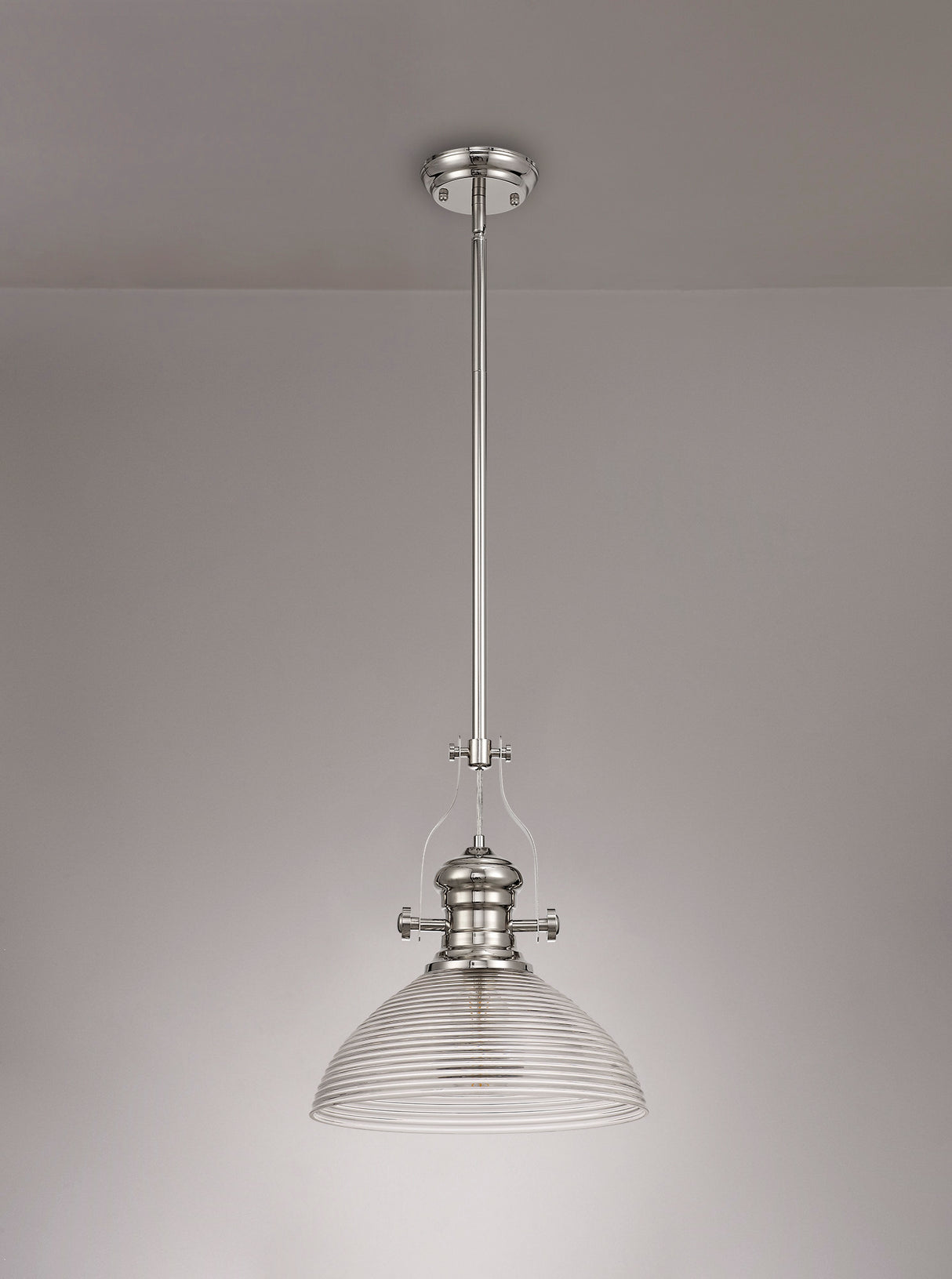 Munro 1 Light Pendant E27 With 33.5cm Prismatic Glass Shade, Polished Nickel/Clear