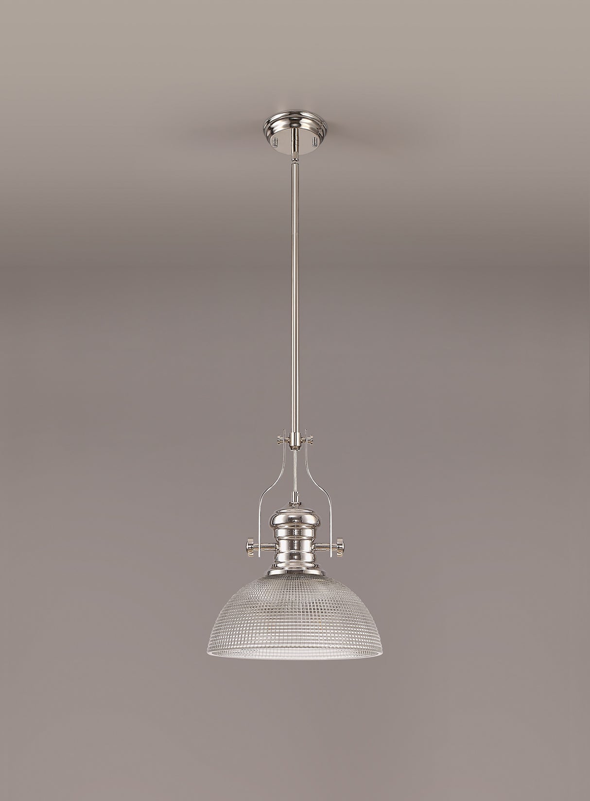 Munro 1 Light Pendant E27 With 30cm Prismatic Glass Shade, Polished Nickel/Clear