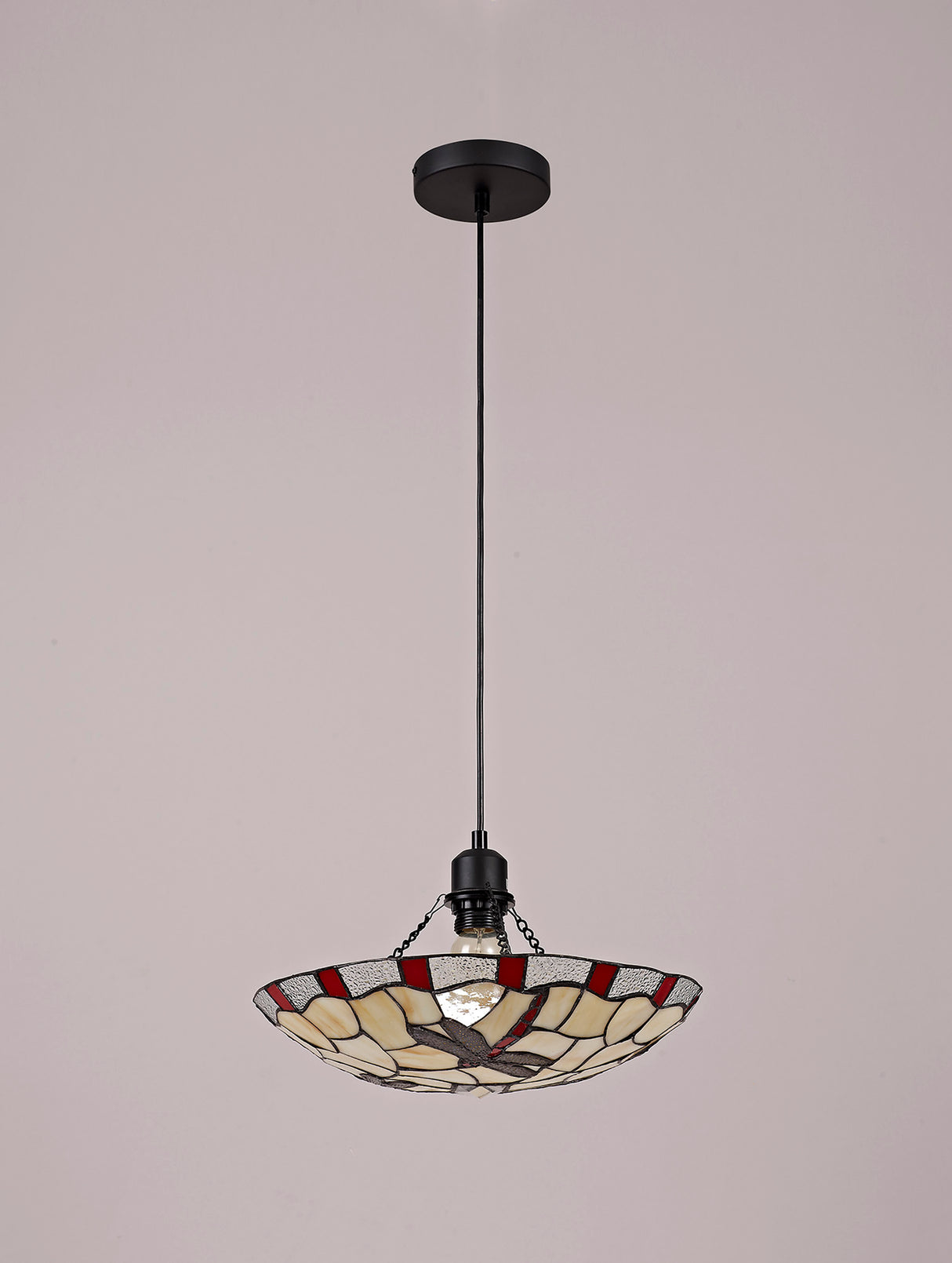 Rostron 1 Light Pendant E27 With 35cm Tiffany Shade, Red/Cream/Clear Crystal/Black