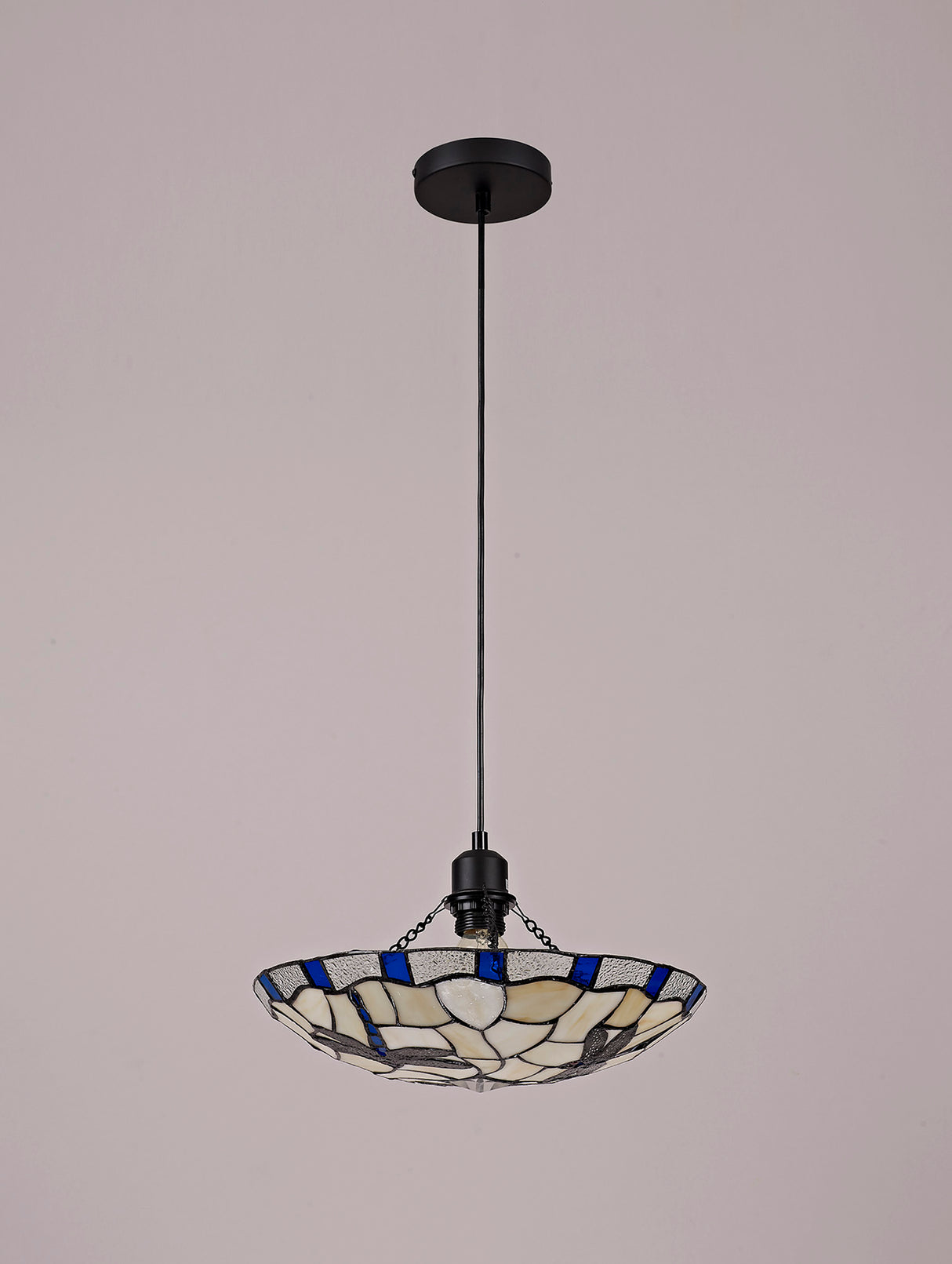 Rostron 1 Light Pendant E27 With 35cm Tiffany Shade, Blue/Cream/Clear Crystal/Black
