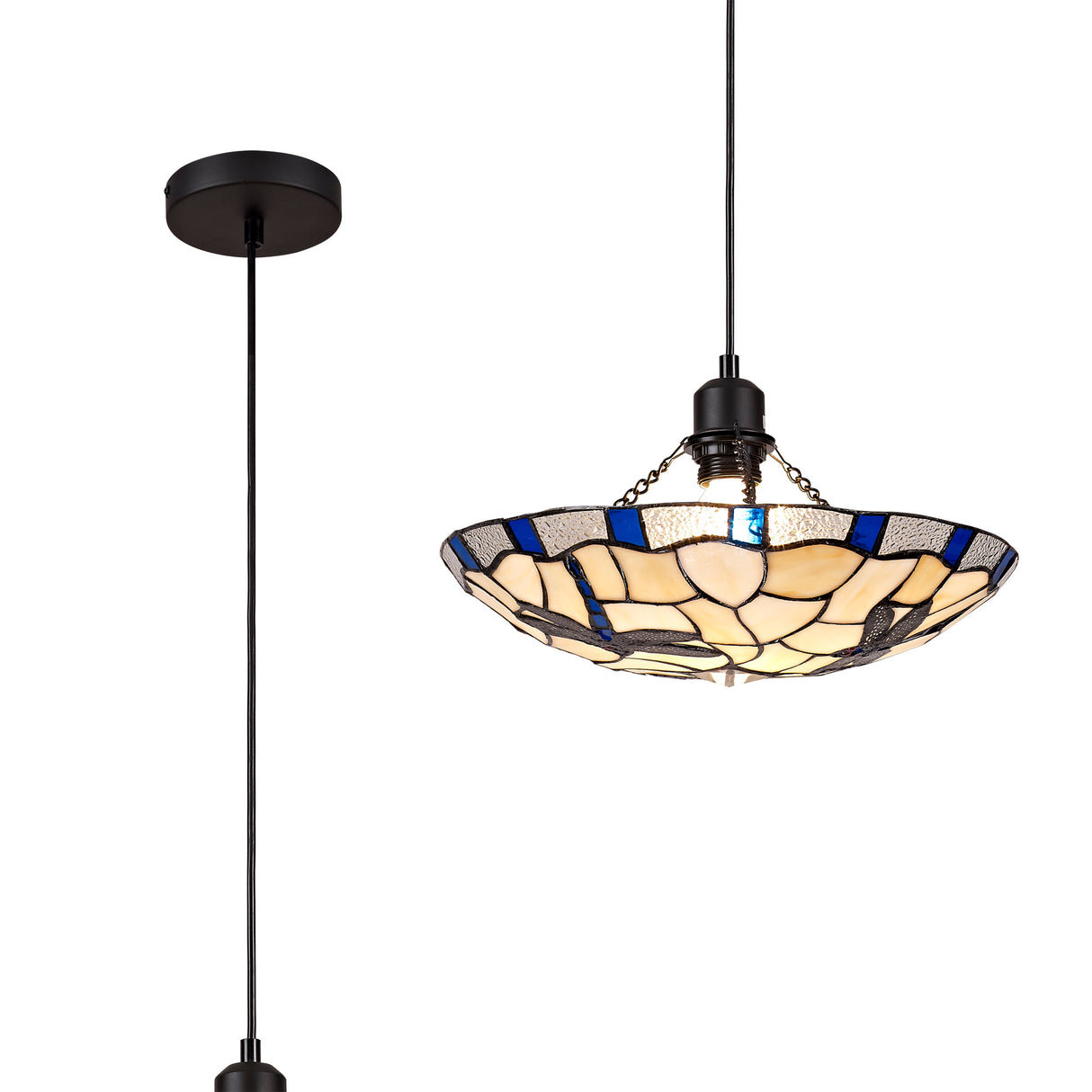 Rostron 1 Light Pendant E27 With 35cm Tiffany Shade, Blue/Cream/Clear Crystal/Black