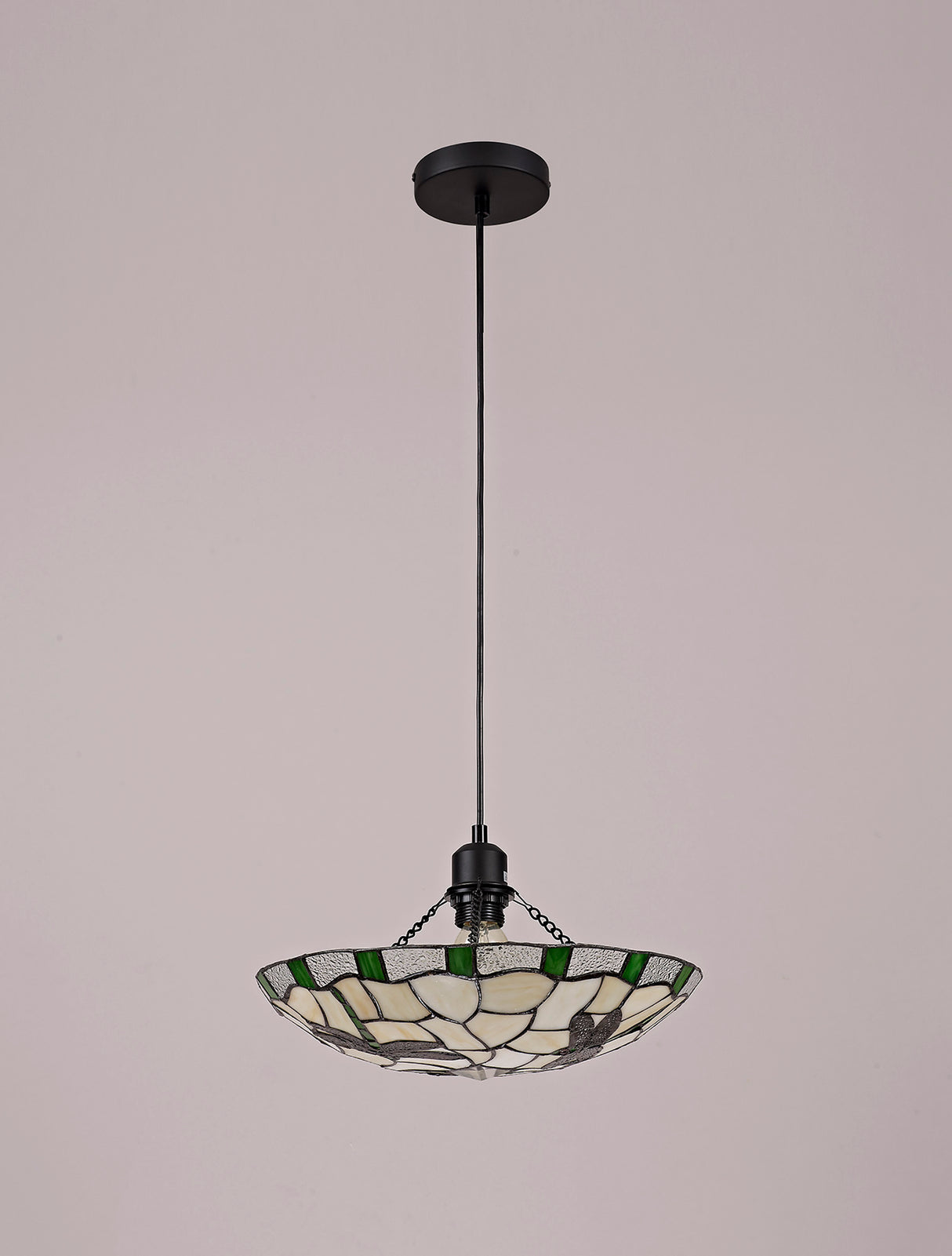 Rostron 1 Light Pendant E27 With 35cm Tiffany Shade, Green/Cream/Clear Crystal/Black