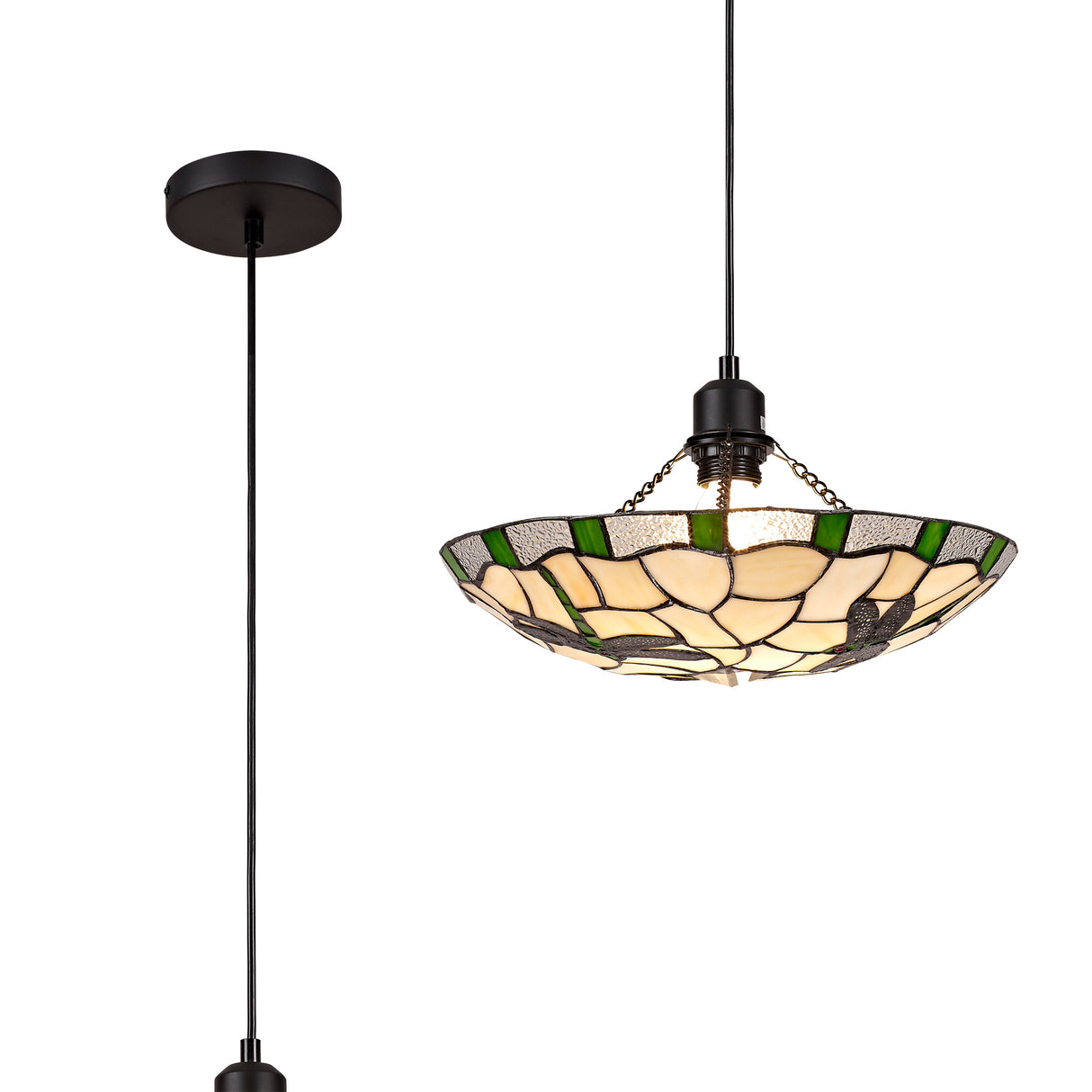 Rostron 1 Light Pendant E27 With 35cm Tiffany Shade, Green/Cream/Clear Crystal/Black