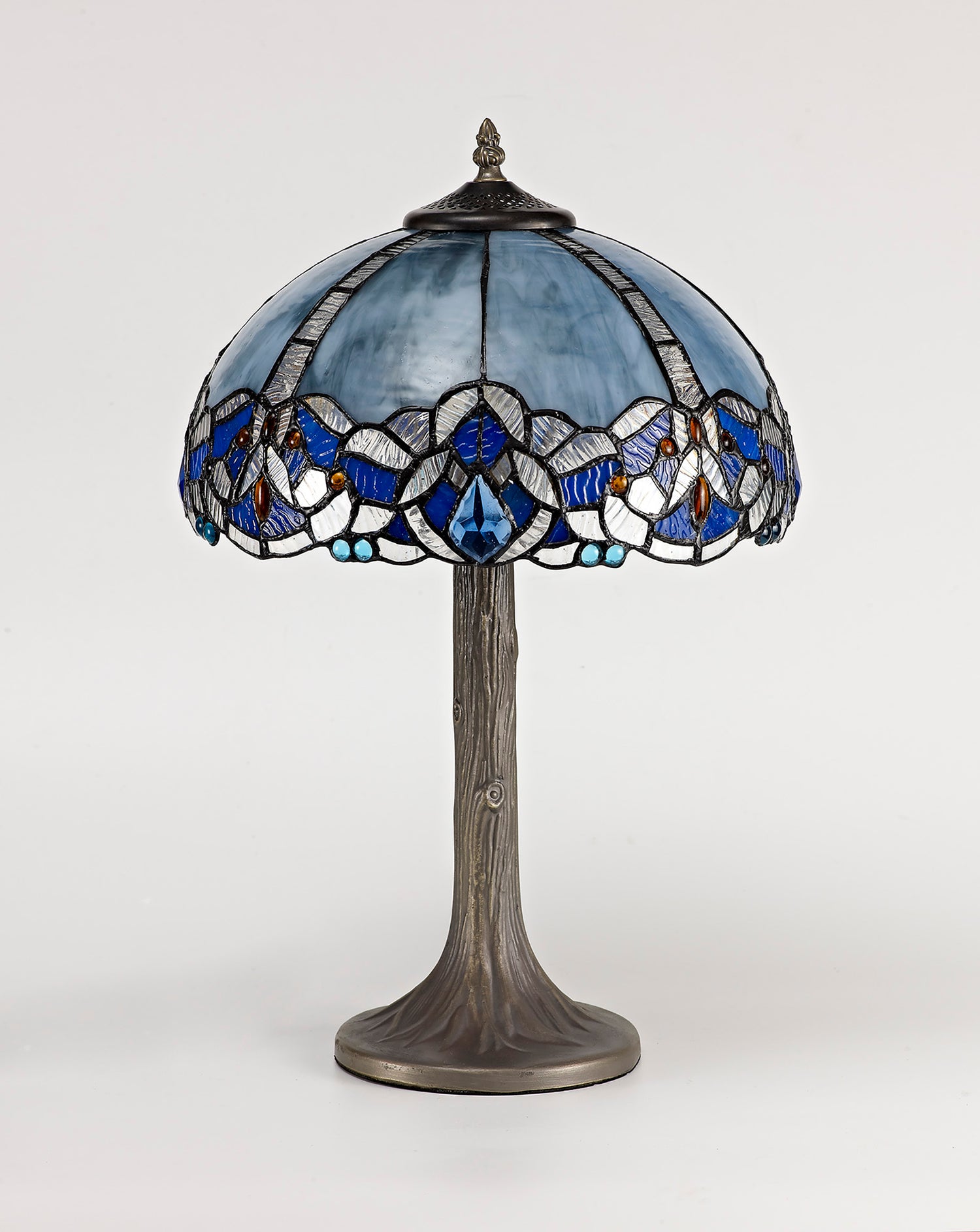 Siddall 1 Light Tree Like Table Lamp E27 With 30cm Tiffany Shade, Blue/Clear Crystal/Aged Antique Brass
