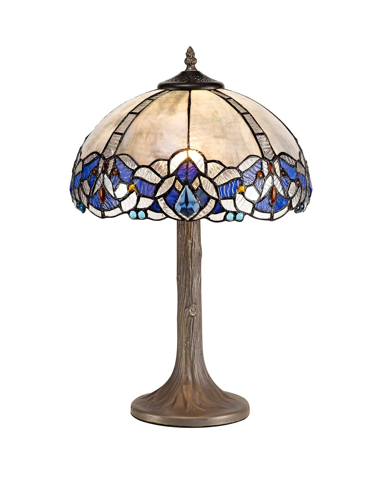 Siddall 1 Light Tree Like Table Lamp E27 With 30cm Tiffany Shade, Blue/Clear Crystal/Aged Antique Brass