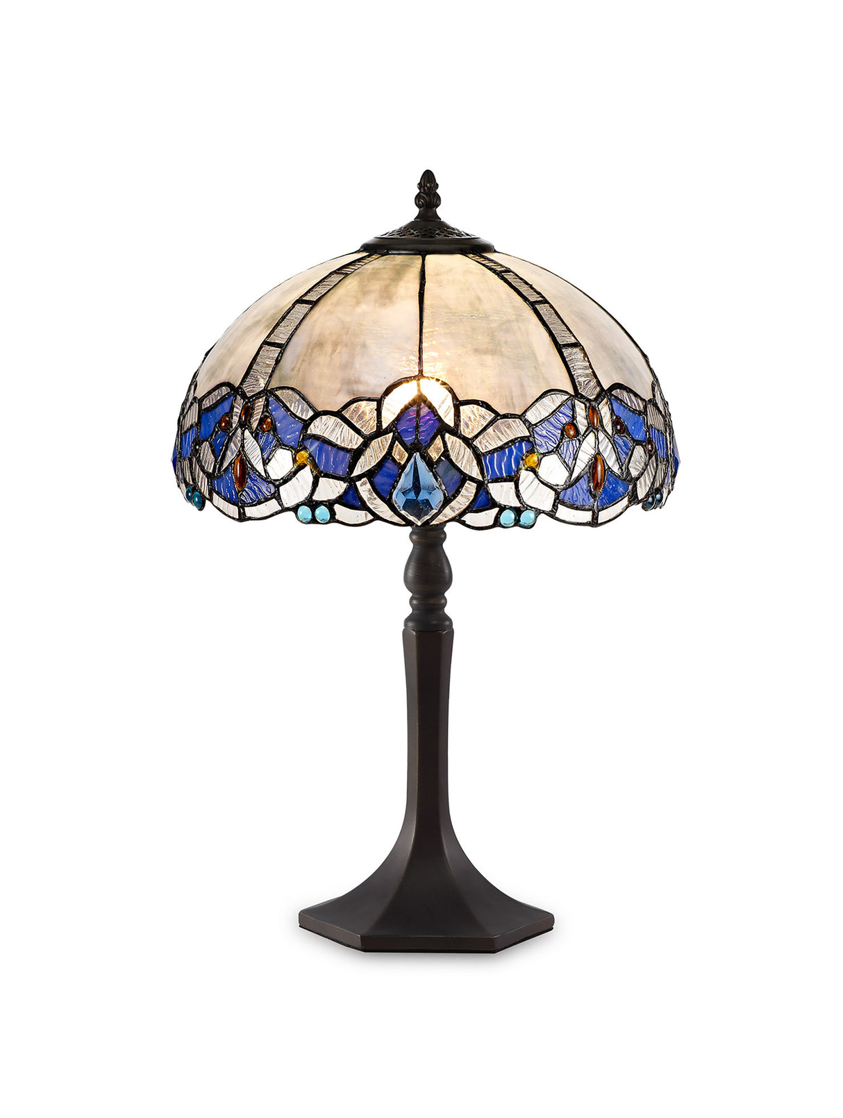 Siddall 1 Light Octagonal Table Lamp E27 With 30cm Tiffany Shade, Blue/Clear Crystal/Aged Antique Brass