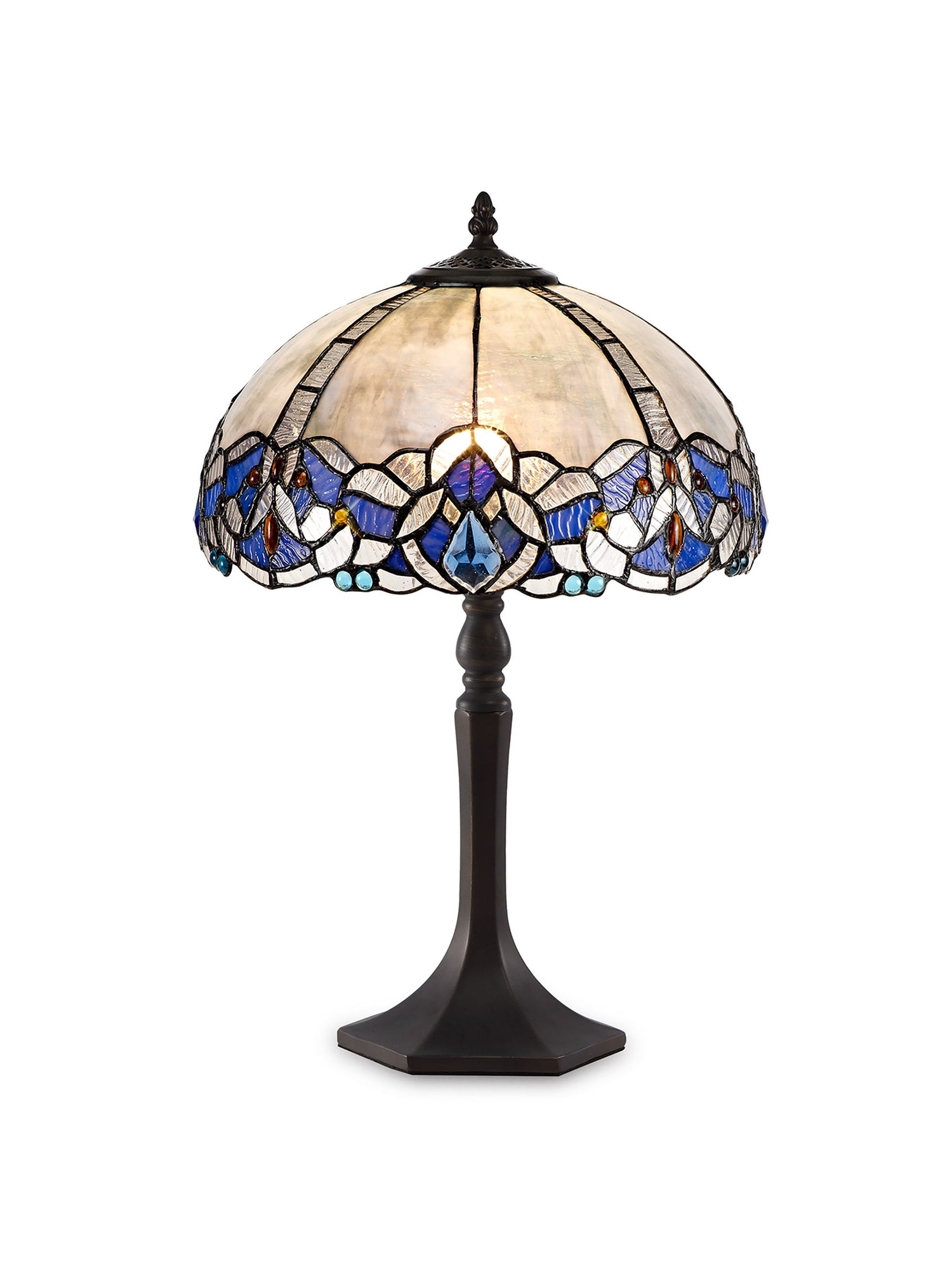 Siddall 1 Light Octagonal Table Lamp E27 With 30cm Tiffany Shade, Blue/Clear Crystal/Aged Antique Brass