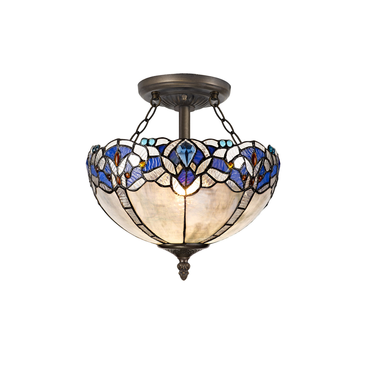 Siddall 2 Light Semi Flush E27 With 30cm Tiffany Shade, Blue/Clear Crystal/Aged Antique Brass