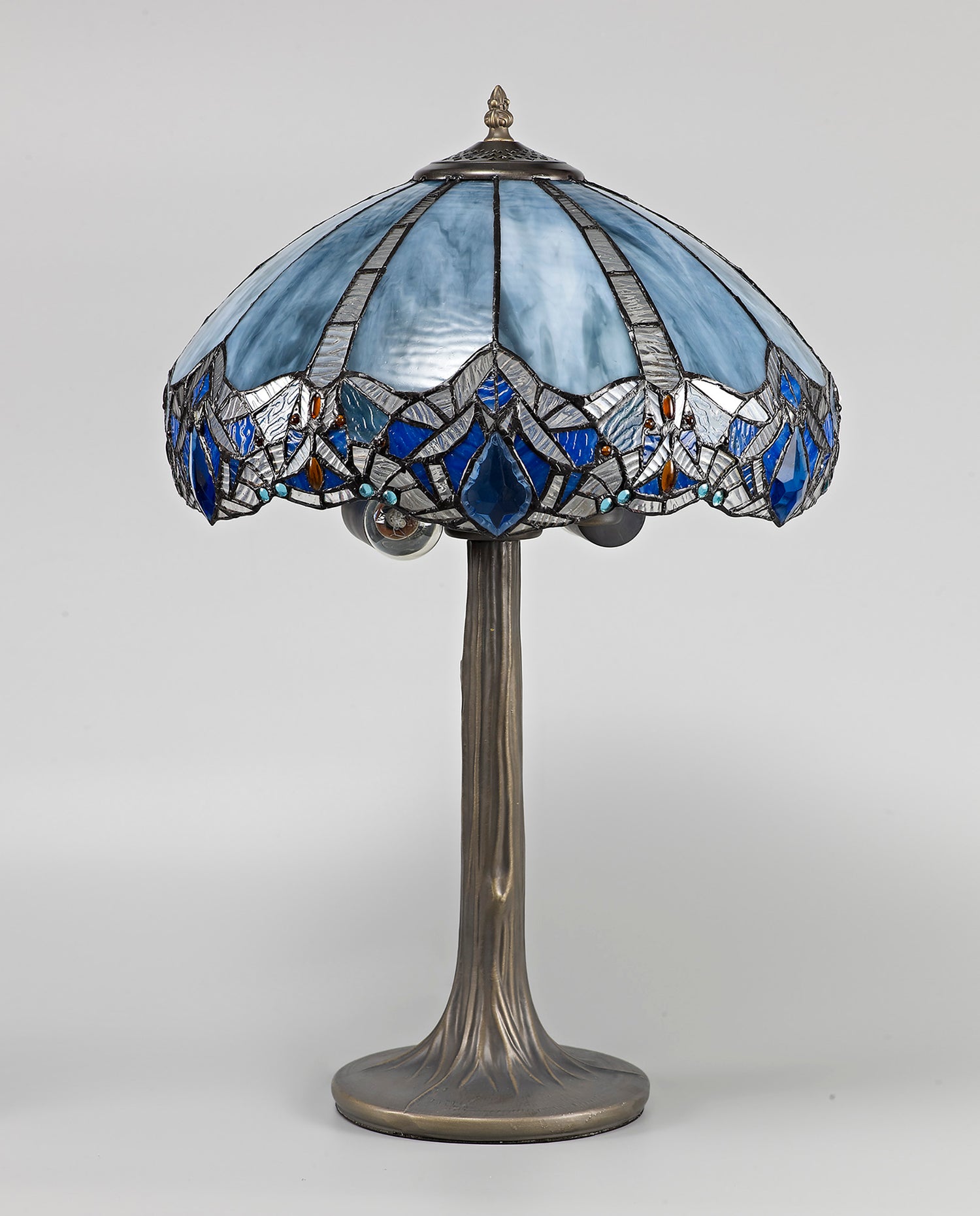 Siddall 2 Light Tree Like Table Lamp E27 With 40cm Tiffany Shade, Blue/Clear Crystal/Aged Antique Brass