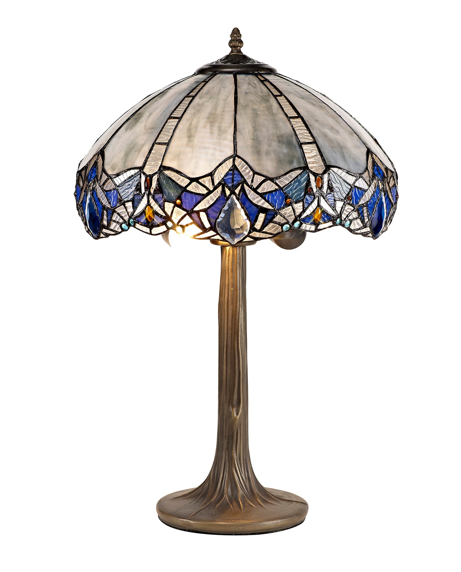 Siddall 2 Light Tree Like Table Lamp E27 With 40cm Tiffany Shade, Blue/Clear Crystal/Aged Antique Brass