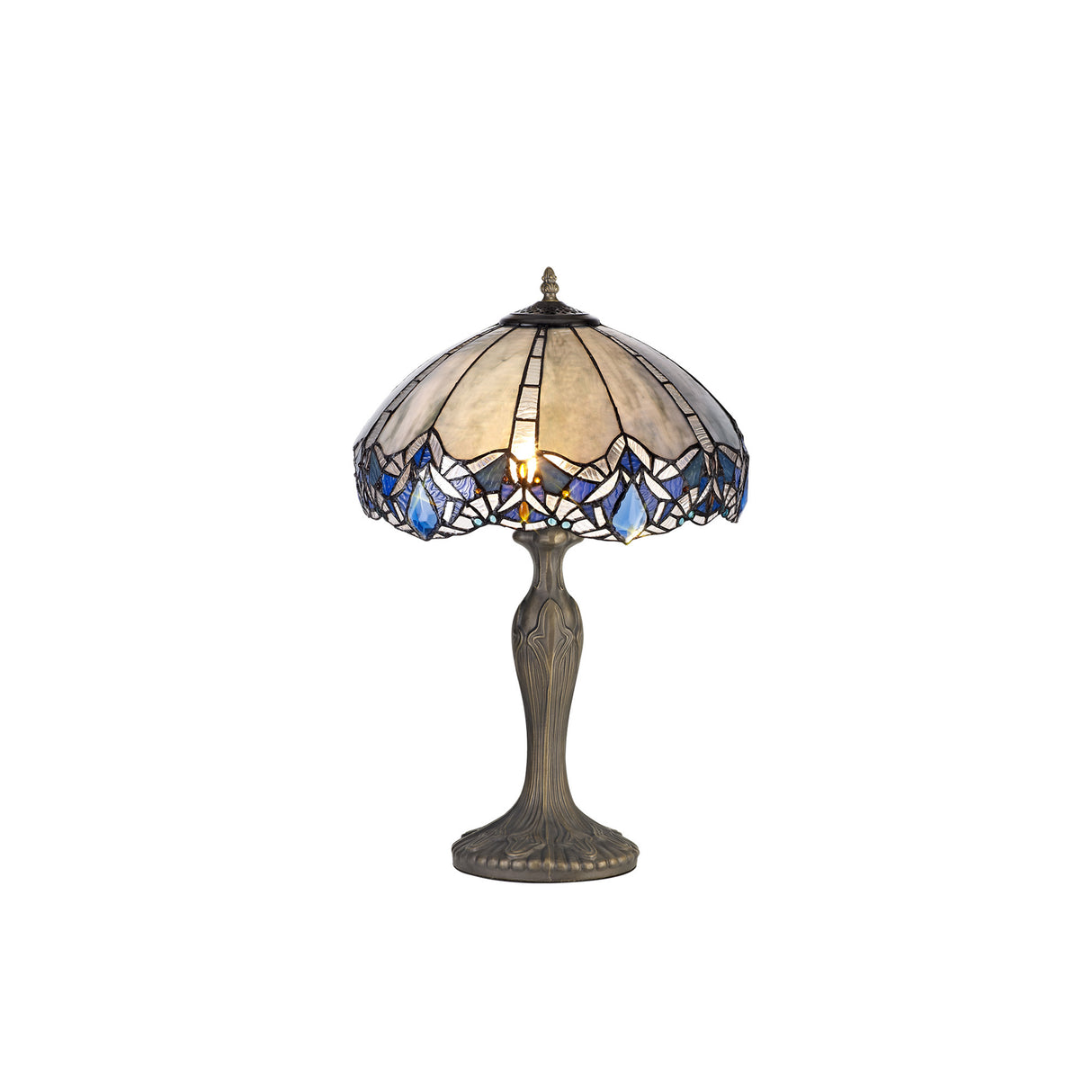 Siddall 2 Light Curved Table Lamp E27 With 40cm Tiffany Shade, Blue/Clear Crystal/Aged Antique Brass