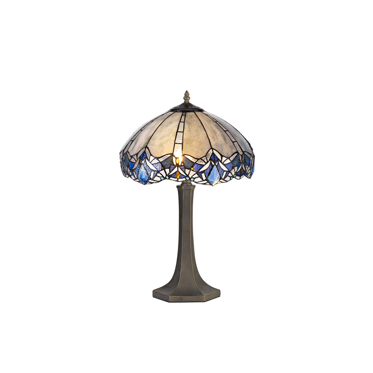 Siddall 2 Light Octagonal Table Lamp E27 With 40cm Tiffany Shade, Blue/Clear Crystal/Aged Antique Brass