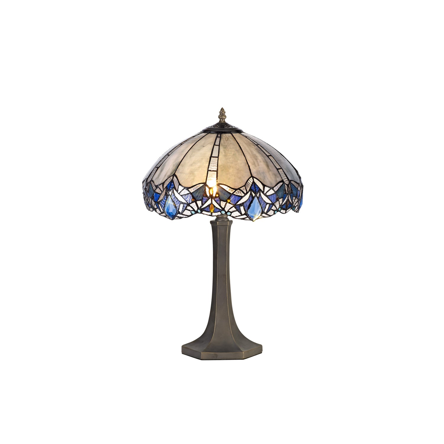 Siddall 2 Light Octagonal Table Lamp E27 With 40cm Tiffany Shade, Blue/Clear Crystal/Aged Antique Brass