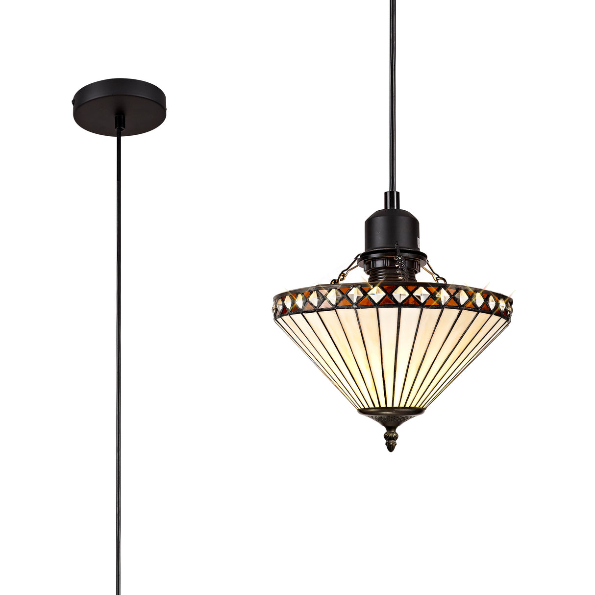 Wearne 1 Light Uplighter Pendant E27 With 30cm Tiffany Shade, Amber/Cream/Crystal/Black