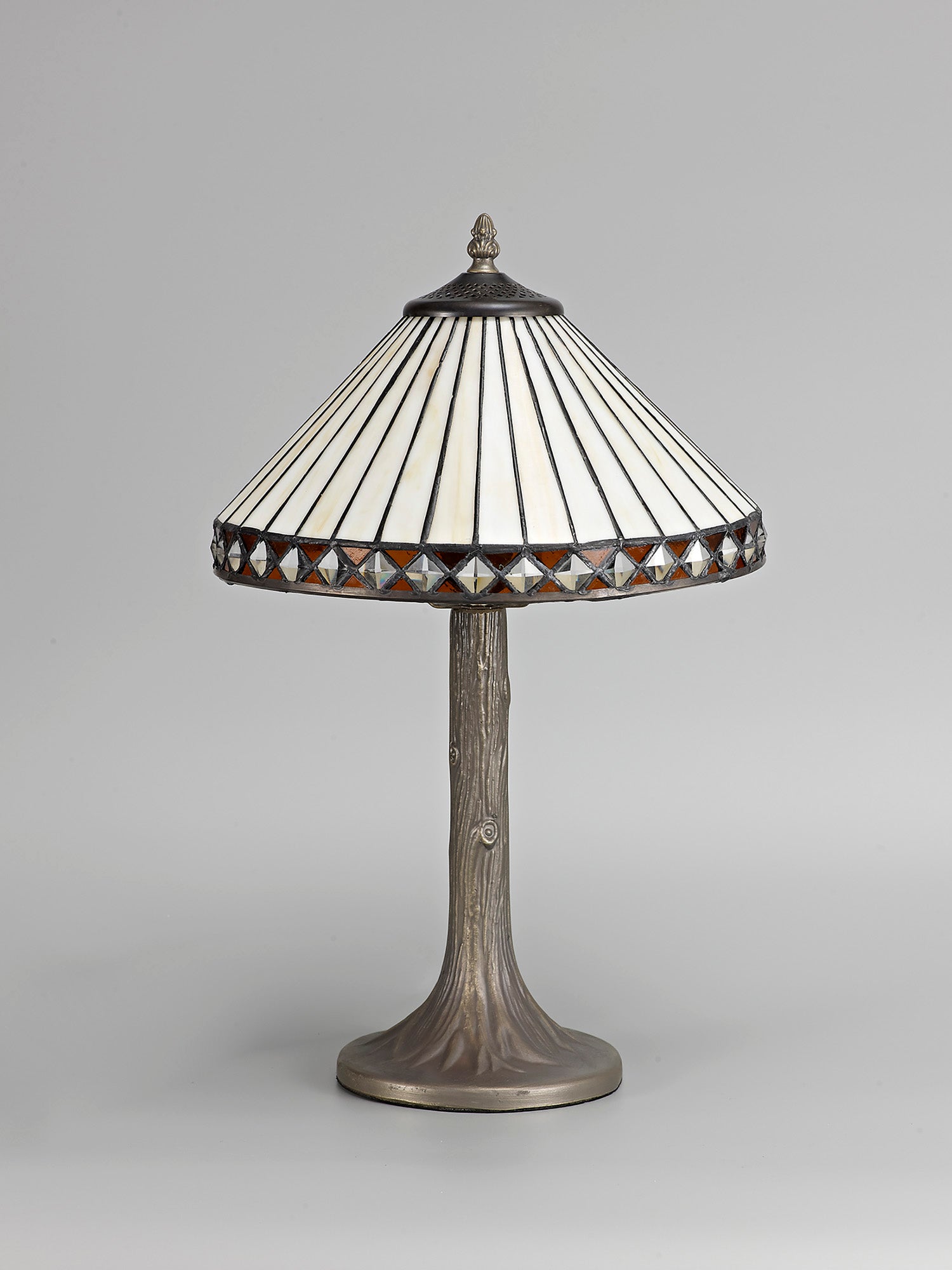 Wearne 1 Light Tree Like Table Lamp E27 With 30cm Tiffany Shade, Amber/Cream/Crystal/Aged Antique Brass