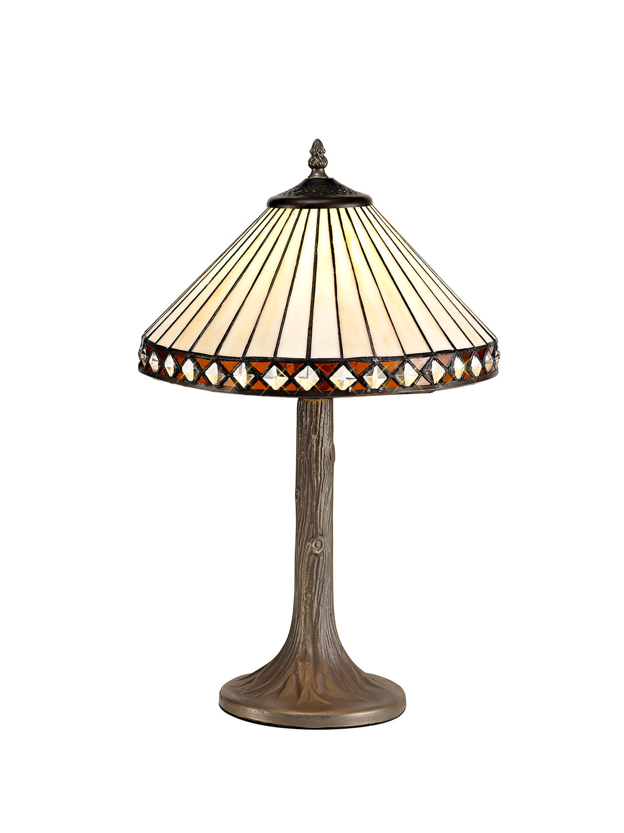 Wearne 1 Light Tree Like Table Lamp E27 With 30cm Tiffany Shade, Amber/Cream/Crystal/Aged Antique Brass