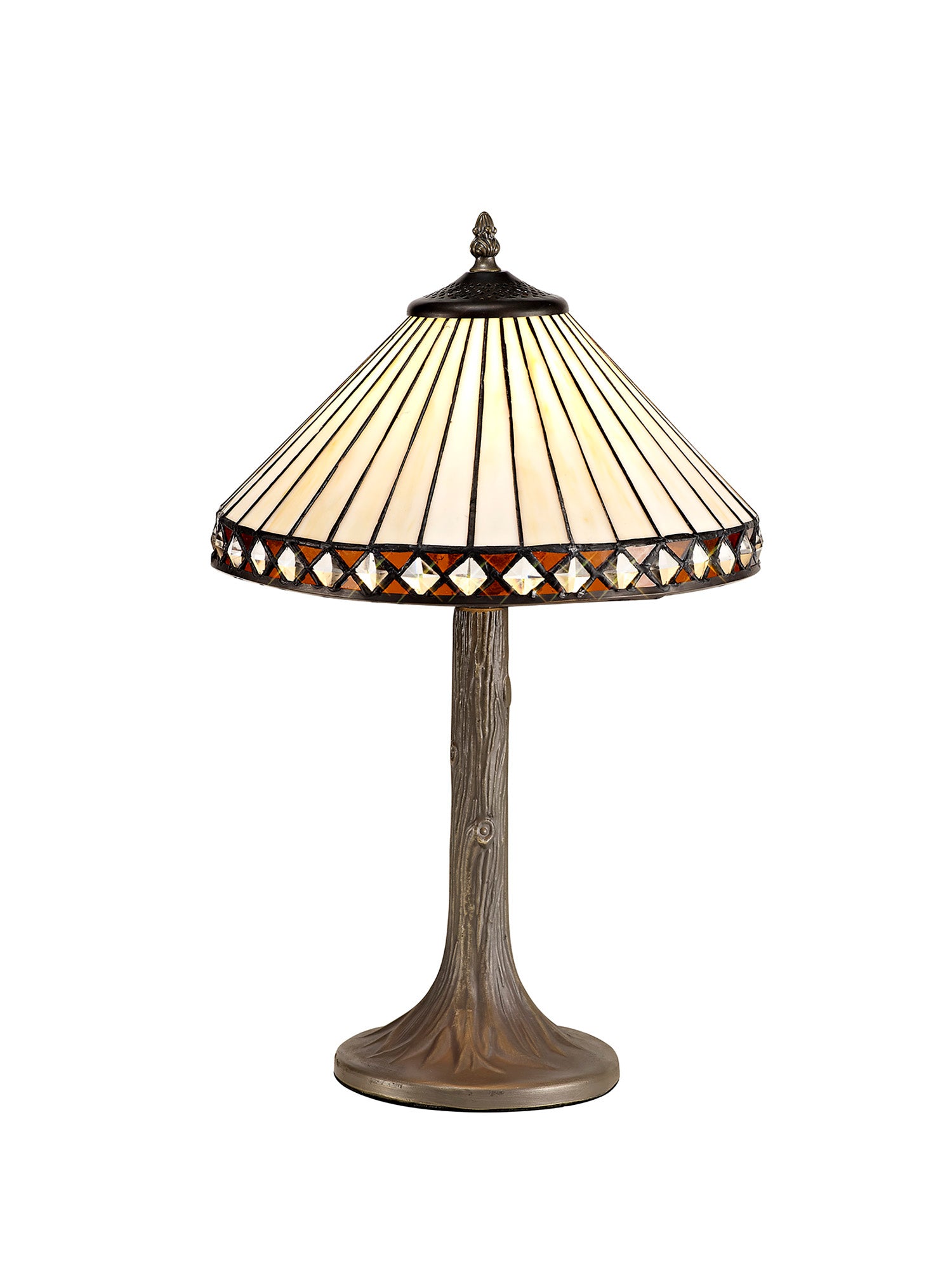 Wearne 1 Light Tree Like Table Lamp E27 With 30cm Tiffany Shade, Amber/Cream/Crystal/Aged Antique Brass