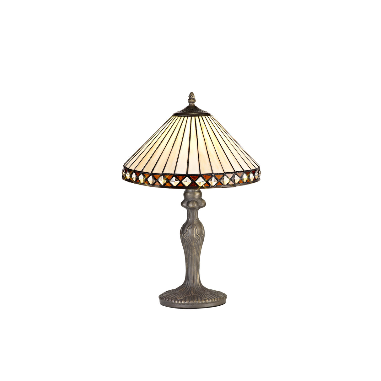 Wearne 1 Light Curved Table Lamp E27 With 30cm Tiffany Shade, Amber/Cream/Crystal/Aged Antique Brass