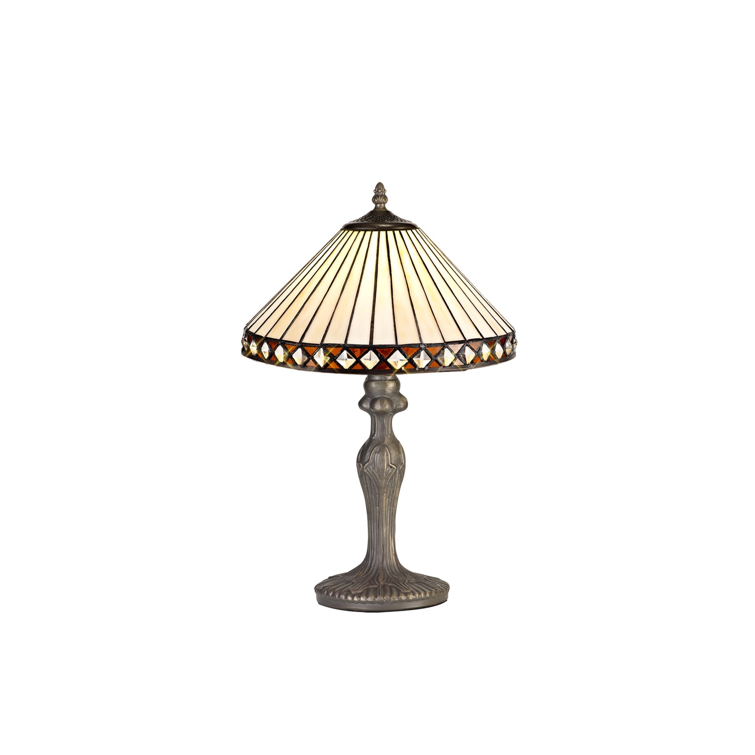 Wearne 1 Light Curved Table Lamp E27 With 30cm Tiffany Shade, Amber/Cream/Crystal/Aged Antique Brass