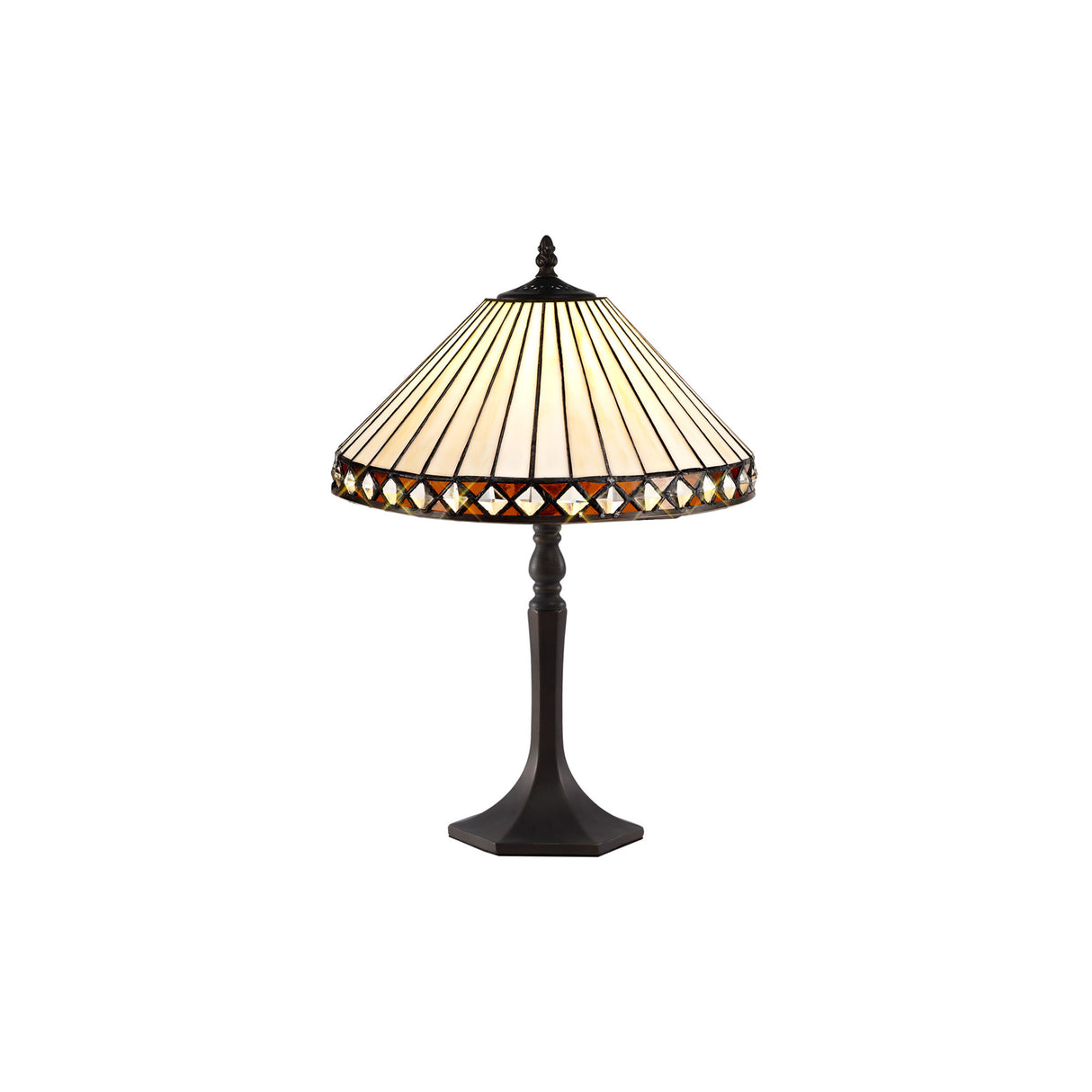 Wearne 1 Light Octagonal Table Lamp E27 With 30cm Tiffany Shade, Amber/Cream/Crystal/Aged Antique Brass