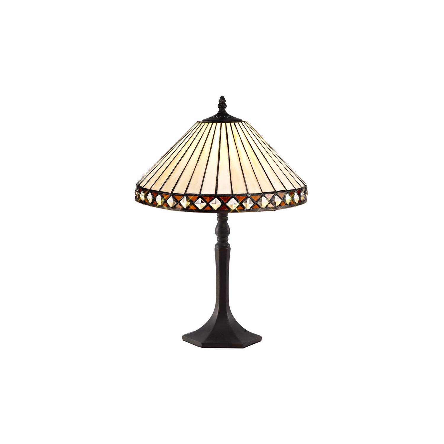 Wearne 1 Light Octagonal Table Lamp E27 With 30cm Tiffany Shade, Amber/Cream/Crystal/Aged Antique Brass