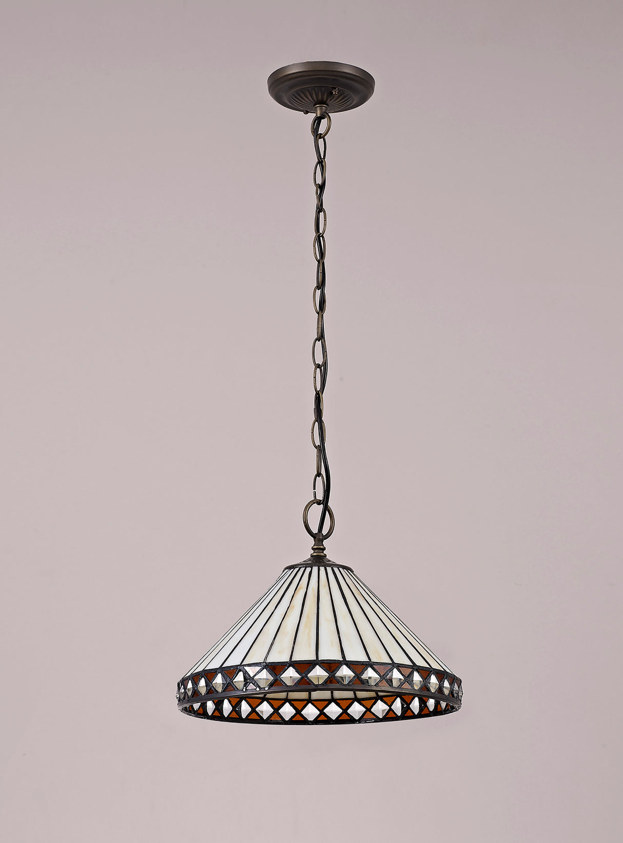 Wearne 1 Light Downlighter Pendant E27 With 30cm Tiffany Shade, Amber/Cream/Crystal/Aged Antique Brass