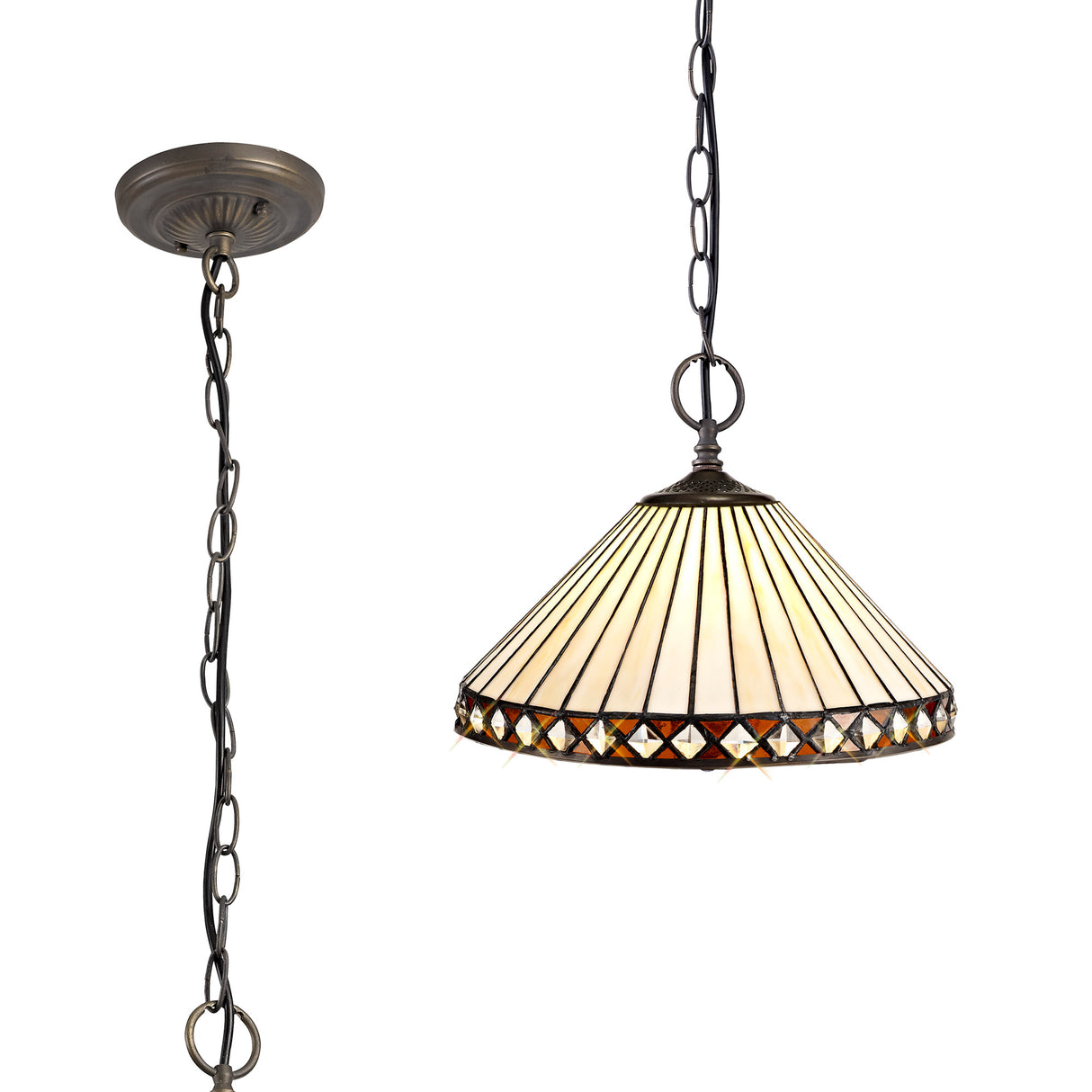 Wearne 2 Light Downlighter Pendant E27 With 30cm Tiffany Shade, Amber/Cream/Crystal/Aged Antique Brass