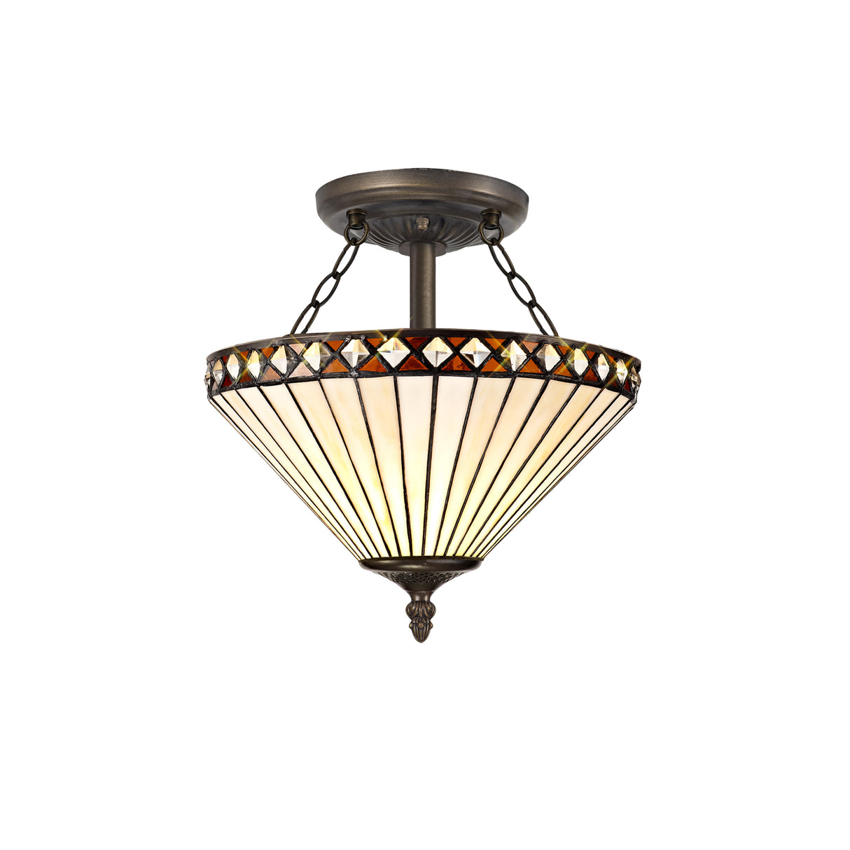 Wearne 2 Light Semi Flush E27 With 30cm Tiffany Shade, Amber/Cream/Crystal/Aged Antique Brass