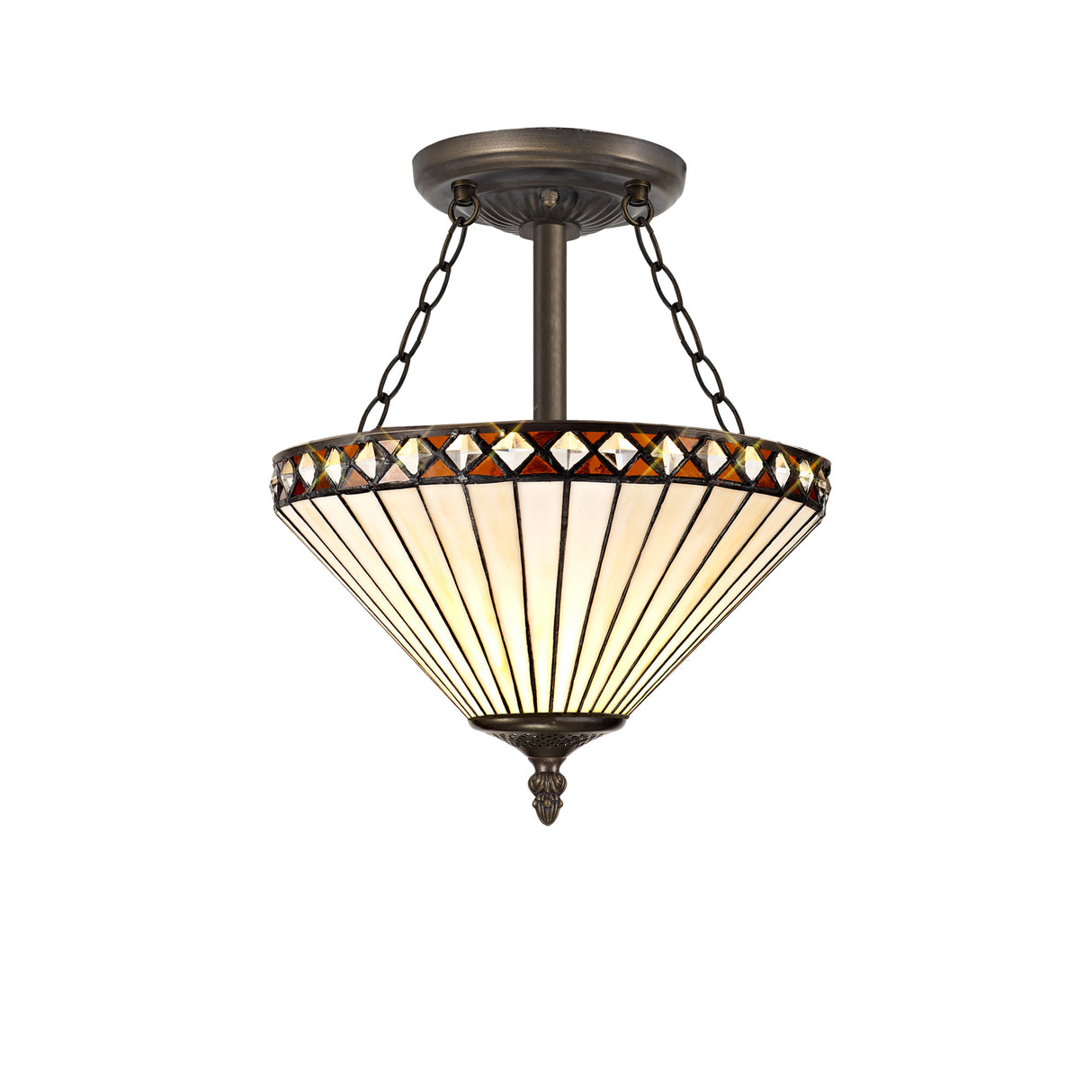 Wearne 3 Light Semi Flush E27 With 30cm Tiffany Shade, Amber/Cream/Crystal/Aged Antique Brass