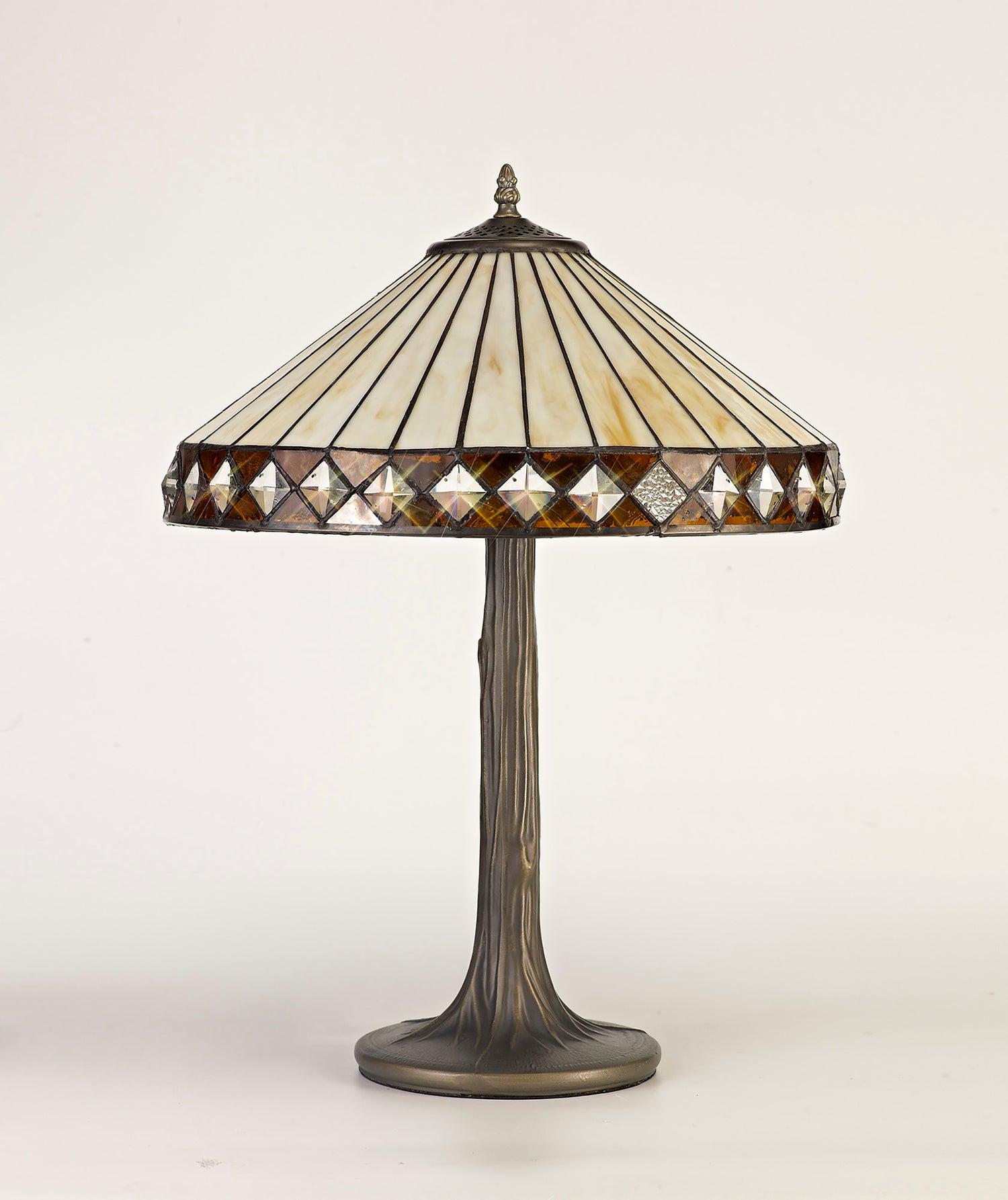 Wearne 2 Light Tree Like Table Lamp E27 With 40cm Tiffany Shade, Amber/Cream/Crystal/Aged Antique Brass