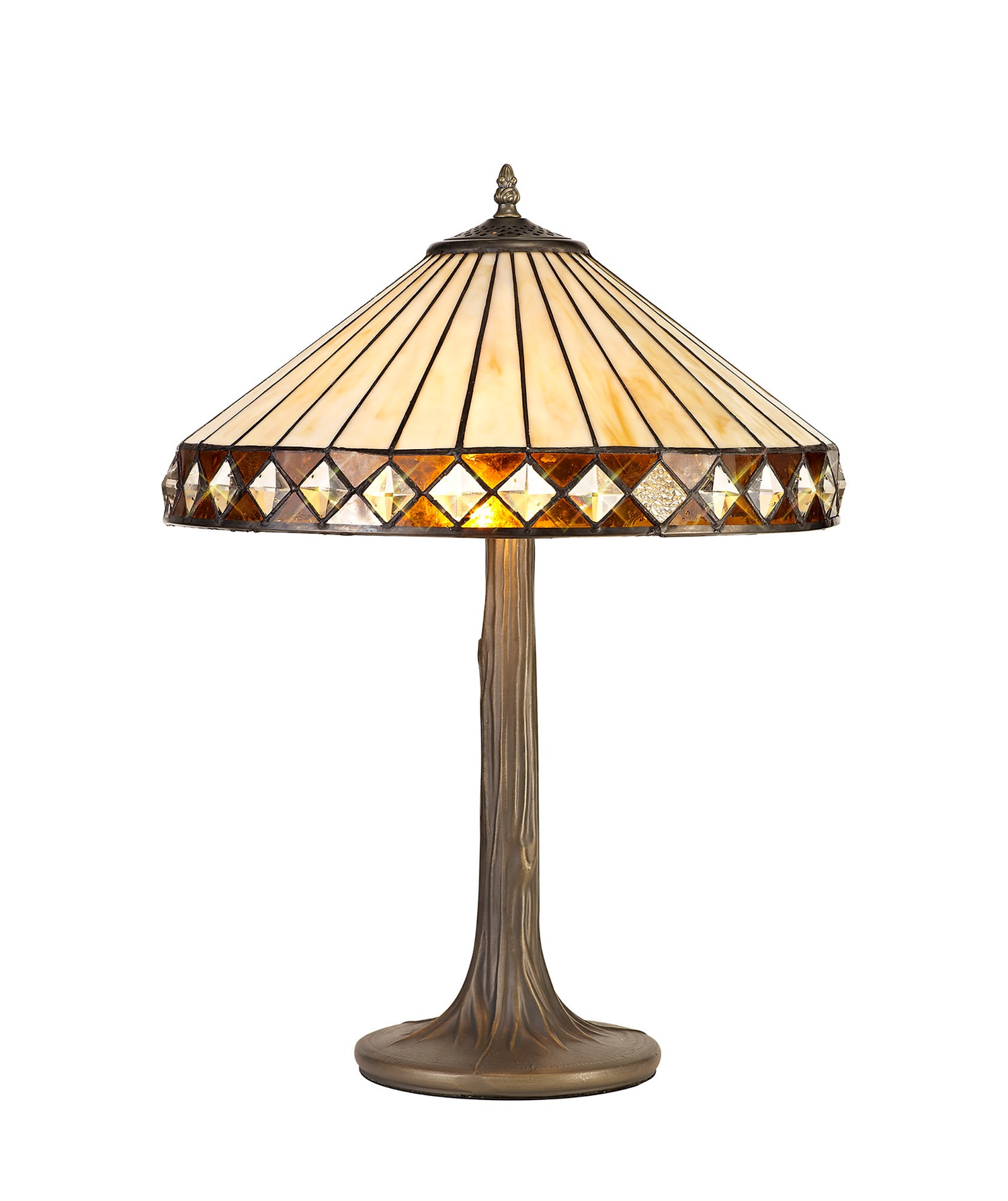 Wearne 2 Light Tree Like Table Lamp E27 With 40cm Tiffany Shade, Amber/Cream/Crystal/Aged Antique Brass