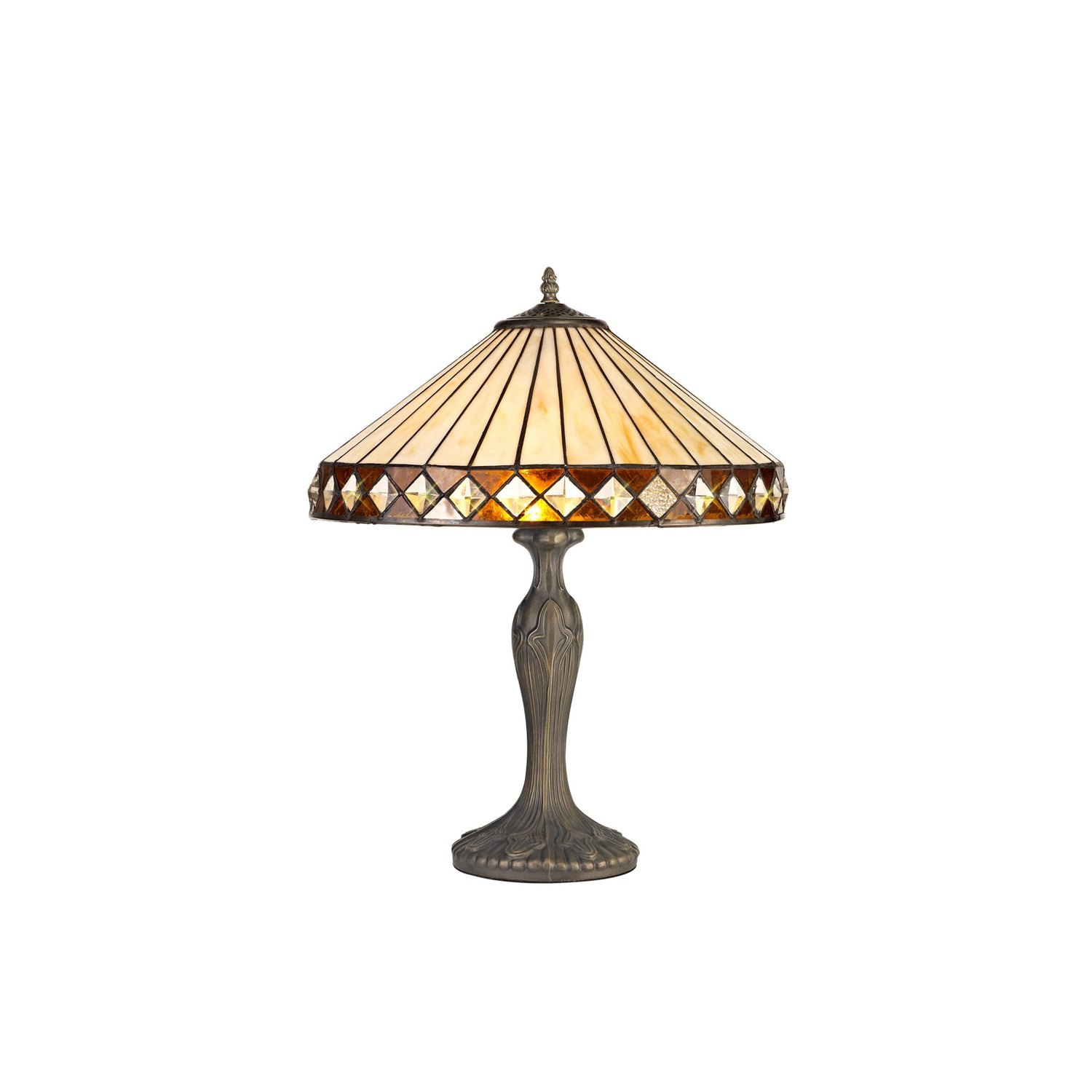 Wearne 2 Light Curved Table Lamp E27 With 40cm Tiffany Shade, Amber/Cream/Crystal/Aged Antique Brass