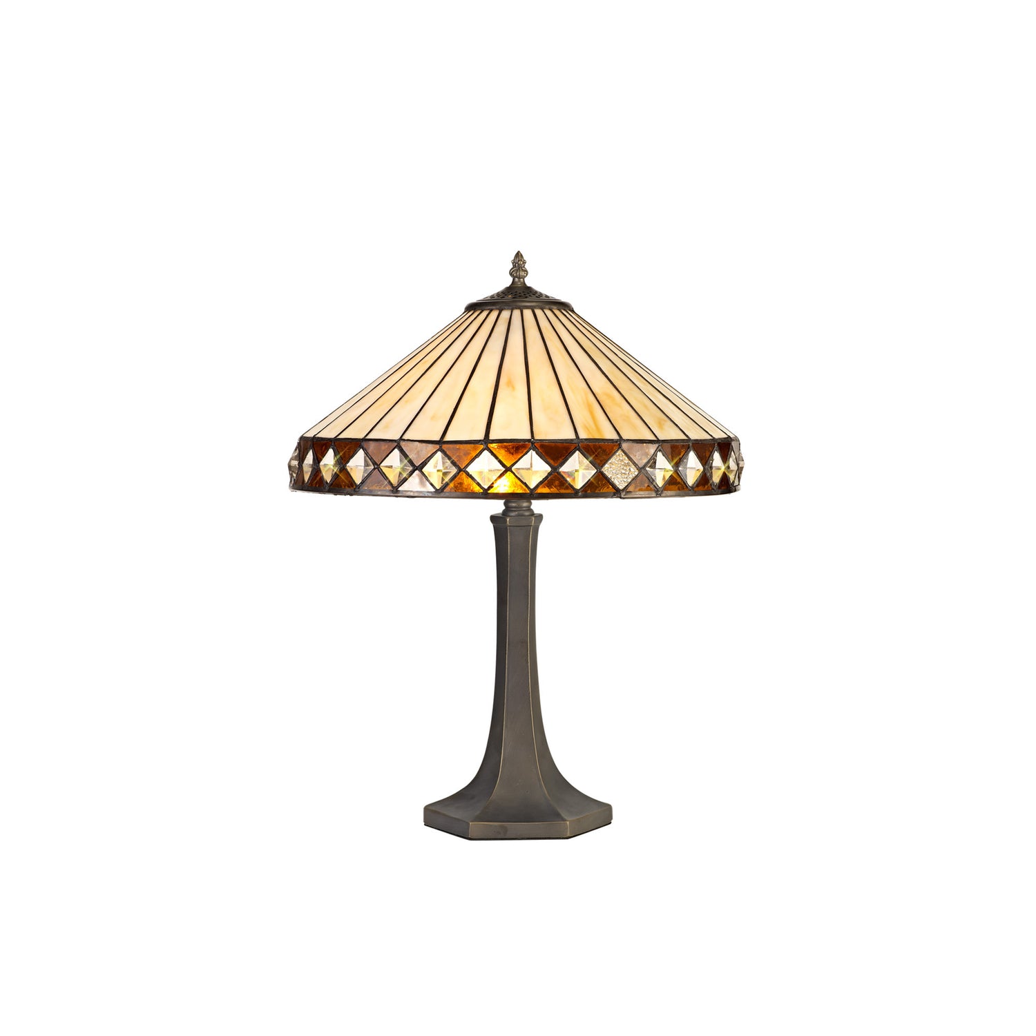 Wearne 2 Light Octagonal Table Lamp E27 With 40cm Tiffany Shade, Amber/Cream/Crystal/Aged Antique Brass