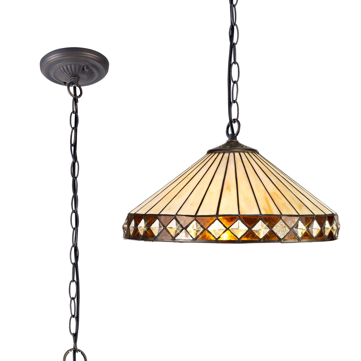 Wearne 1 Light Downlighter Pendant E27 With 40cm Tiffany Shade, Amber/Cream/Crystal/Aged Antique Brass