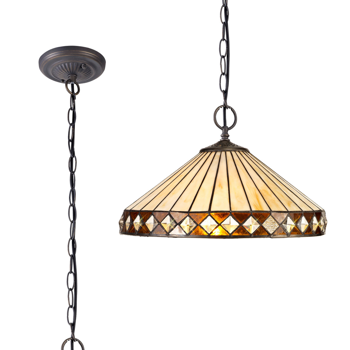 Wearne 2 Light Downlighter Pendant E27 With 40cm Tiffany Shade, Amber/Cream/Crystal/Aged Antique Brass