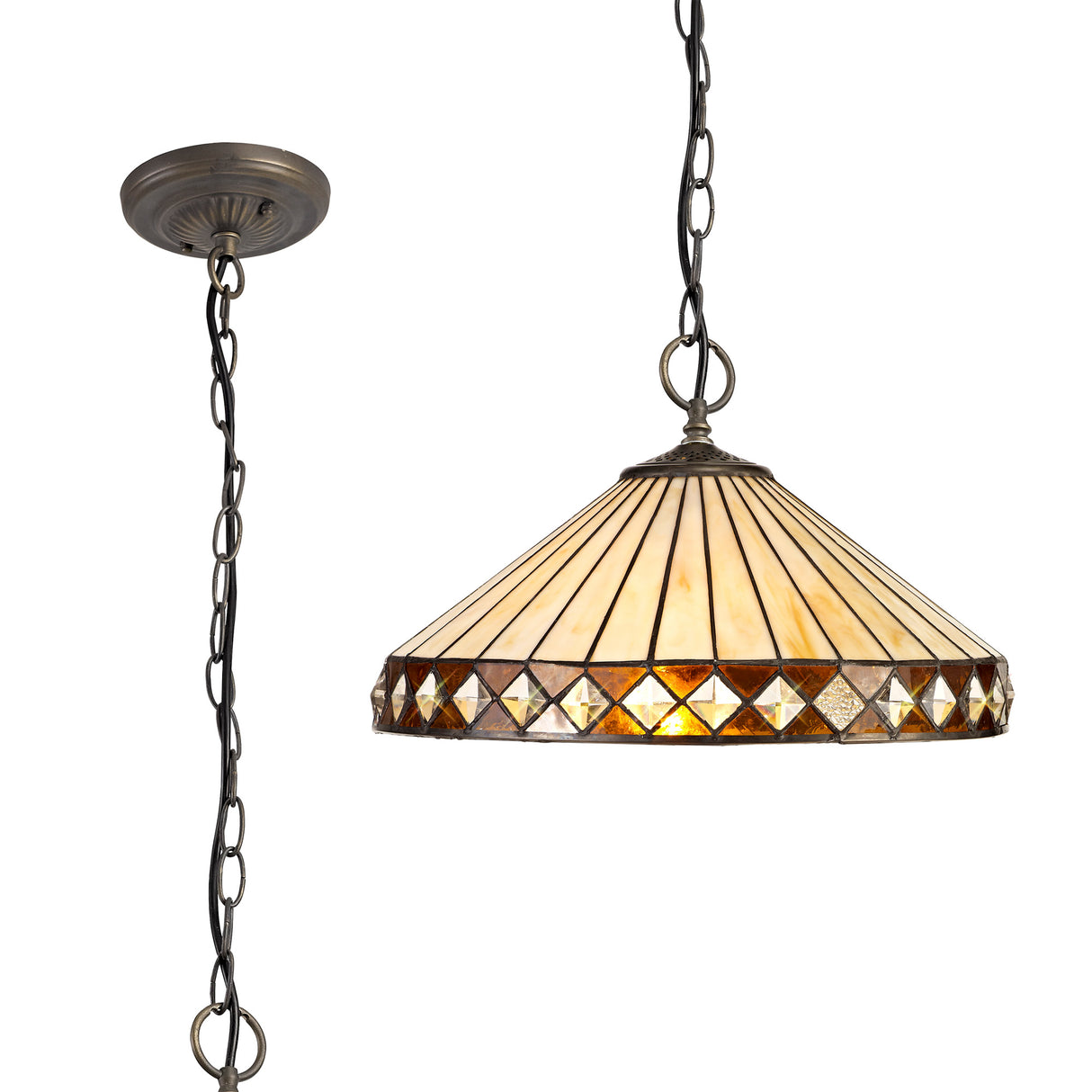 Wearne 3 Light Downlighter Pendant E27 With 40cm Tiffany Shade, Amber/Cream/Crystal/Aged Antique Brass