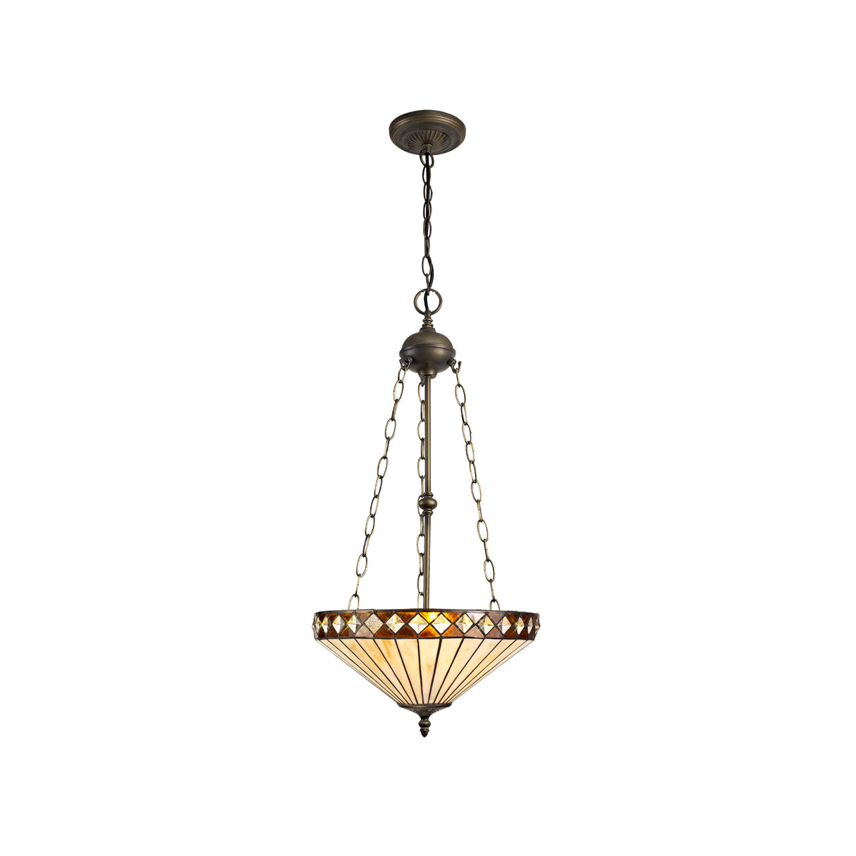 Wearne 3 Light Uplighter Pendant E27 With 40cm Tiffany Shade, Amber/Cream/Crystal/Aged Antique Brass