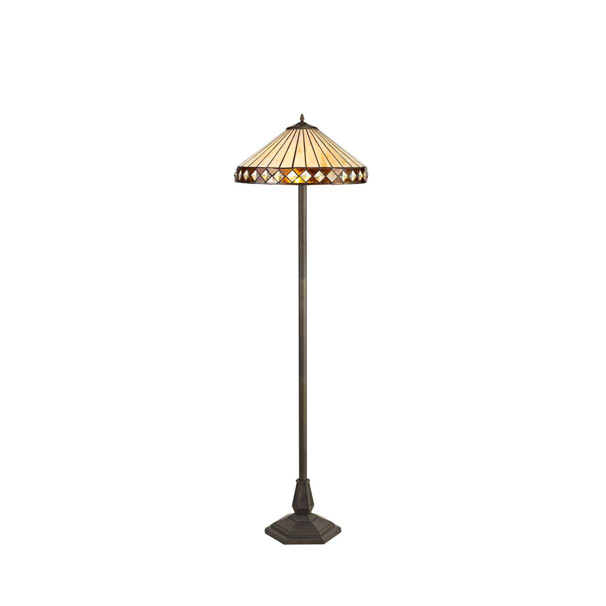 Wearne 2 Light Octagonal Floor Lamp E27 With 40cm Tiffany Shade, Amber/Cream/Crystal/Aged Antique Brass