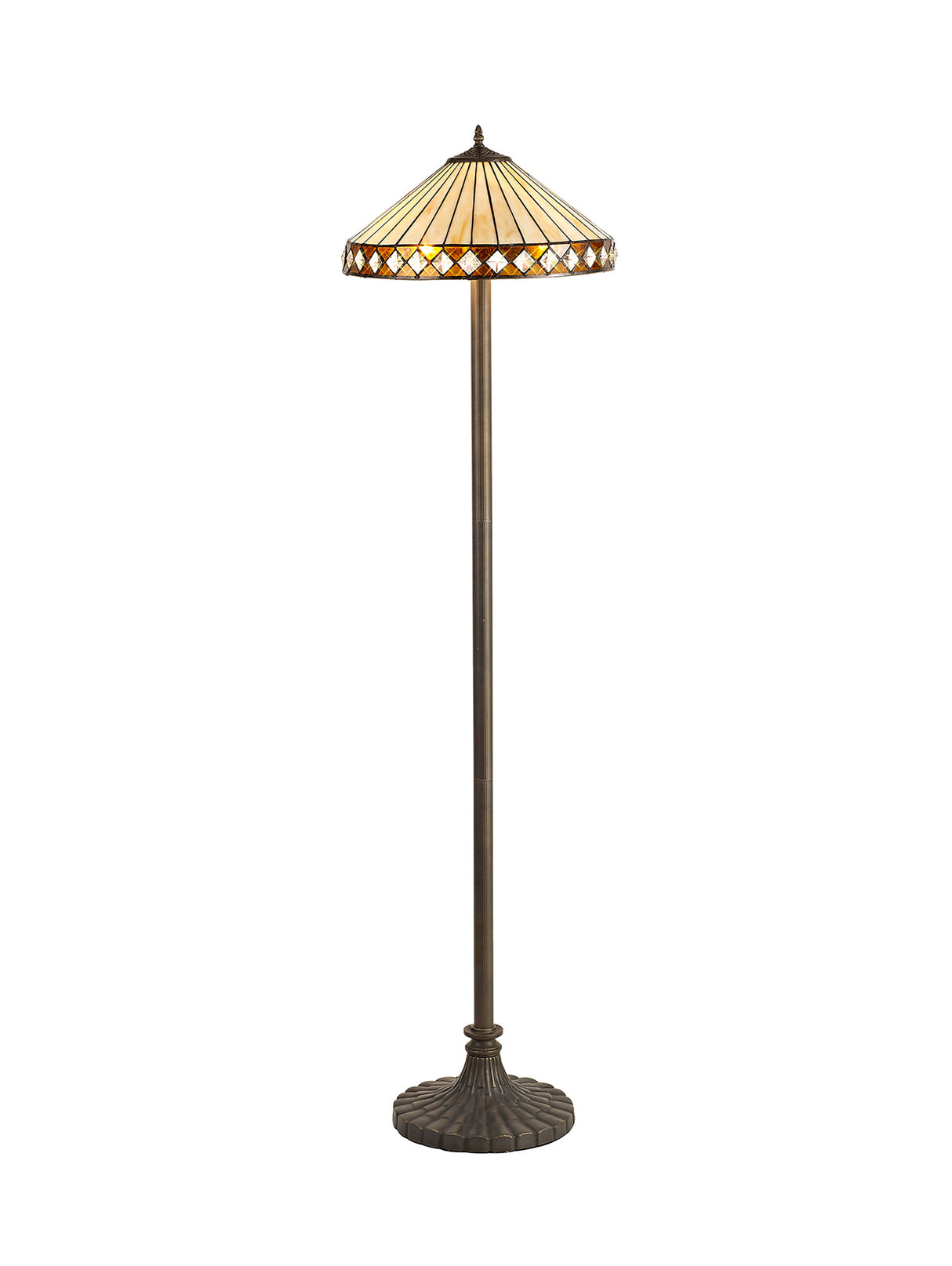 Wearne 2 Light Stepped Design Floor Lamp E27 With 40cm Tiffany Shade, Amber/Cream/Crystal/Aged Antique Brass