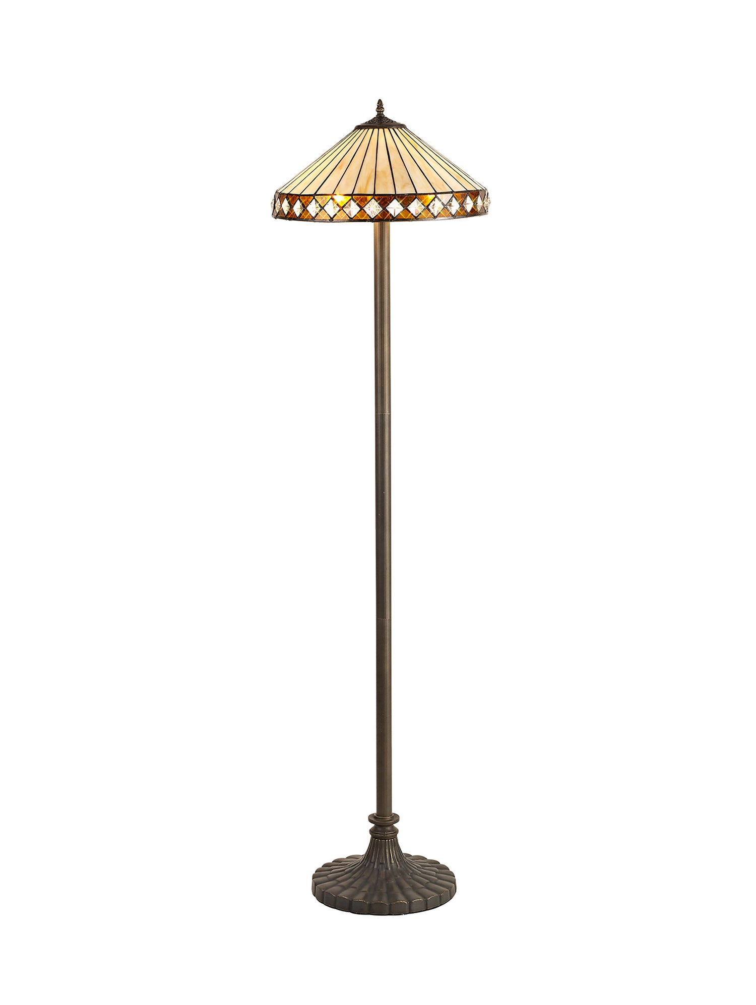 Wearne 2 Light Stepped Design Floor Lamp E27 With 40cm Tiffany Shade, Amber/Cream/Crystal/Aged Antique Brass