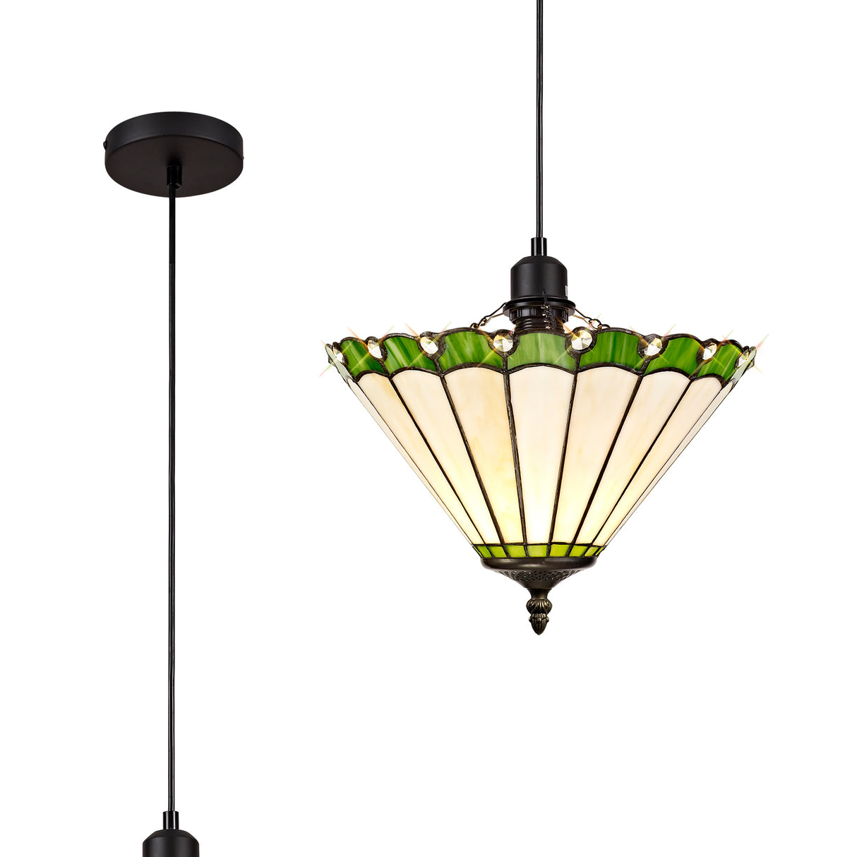 Williams 1 Light Uplighter Pendant E27 With 30cm Tiffany Shade, Green/Cream/Crystal/Black