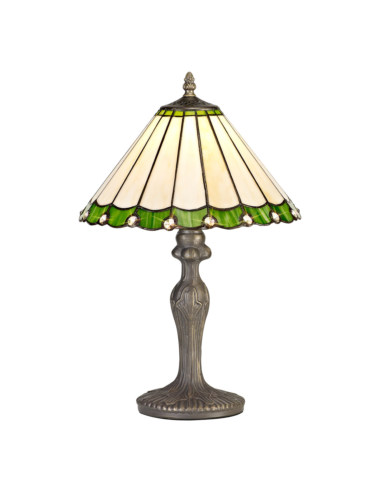 Williams 1 Light Curved Table Lamp E27 With 30cm Tiffany Shade, Green/Cream/Crystal/Aged Antique Brass