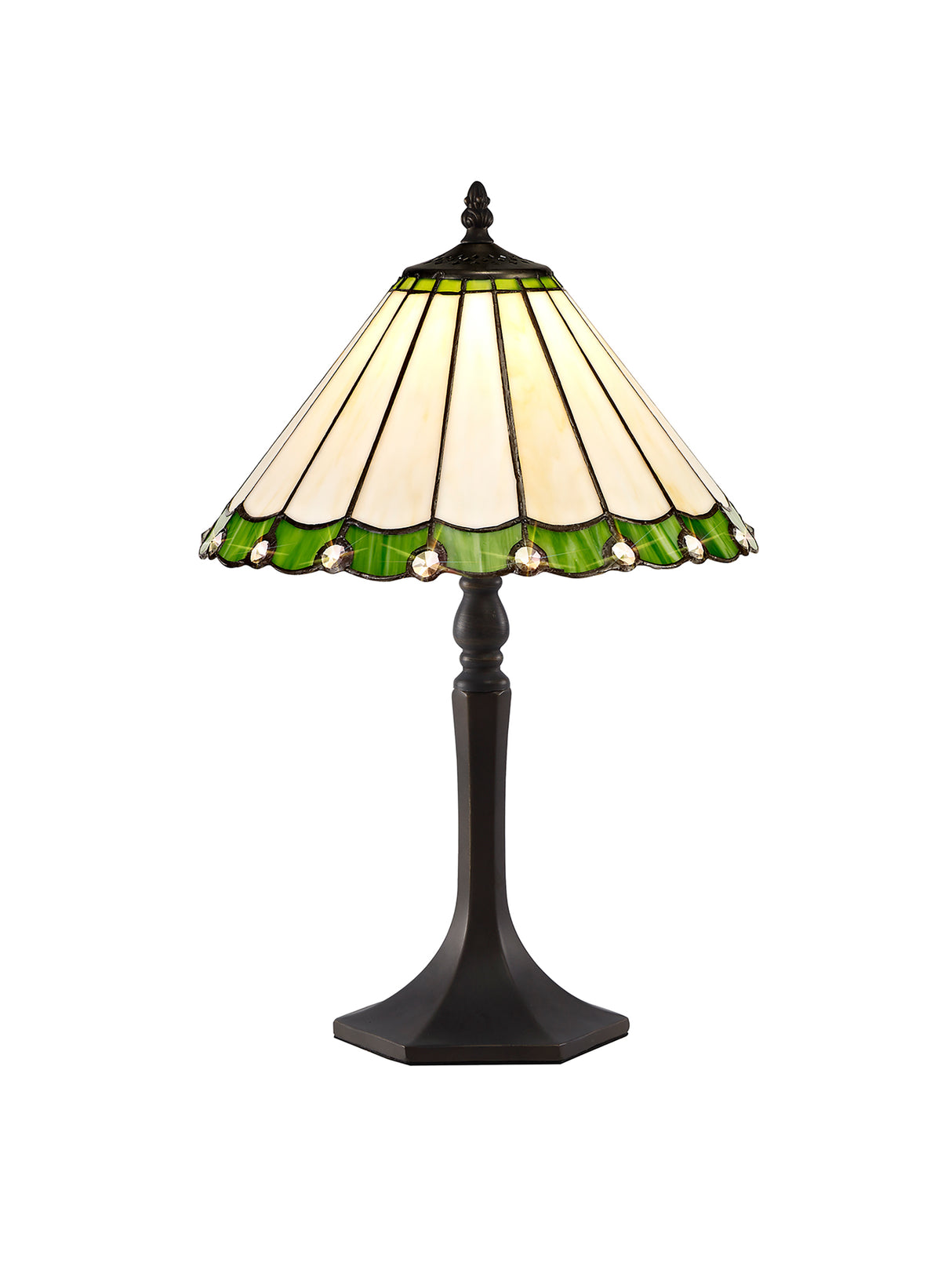 Williams 1 Light Octagonal Table Lamp E27 With 30cm Tiffany Shade, Green/Cream/Crystal/Aged Antique Brass